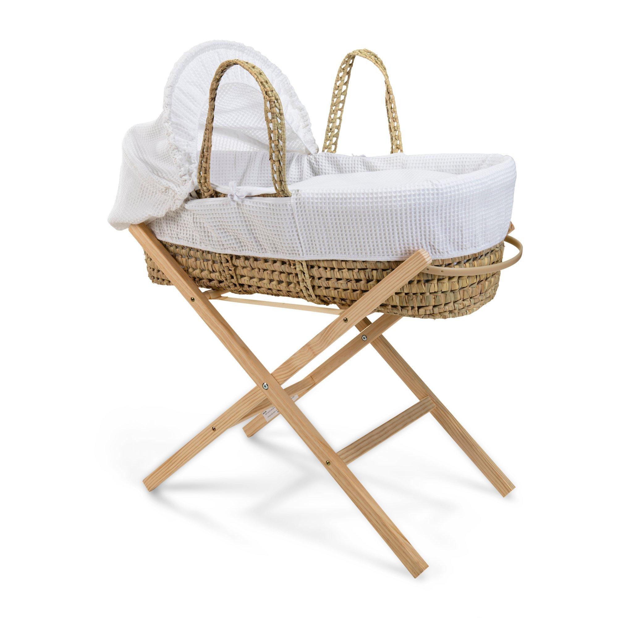 Clair De Lune  Newborn Waffle Palm Moses Basket With Stand - White/Natural - 75x28x24cm