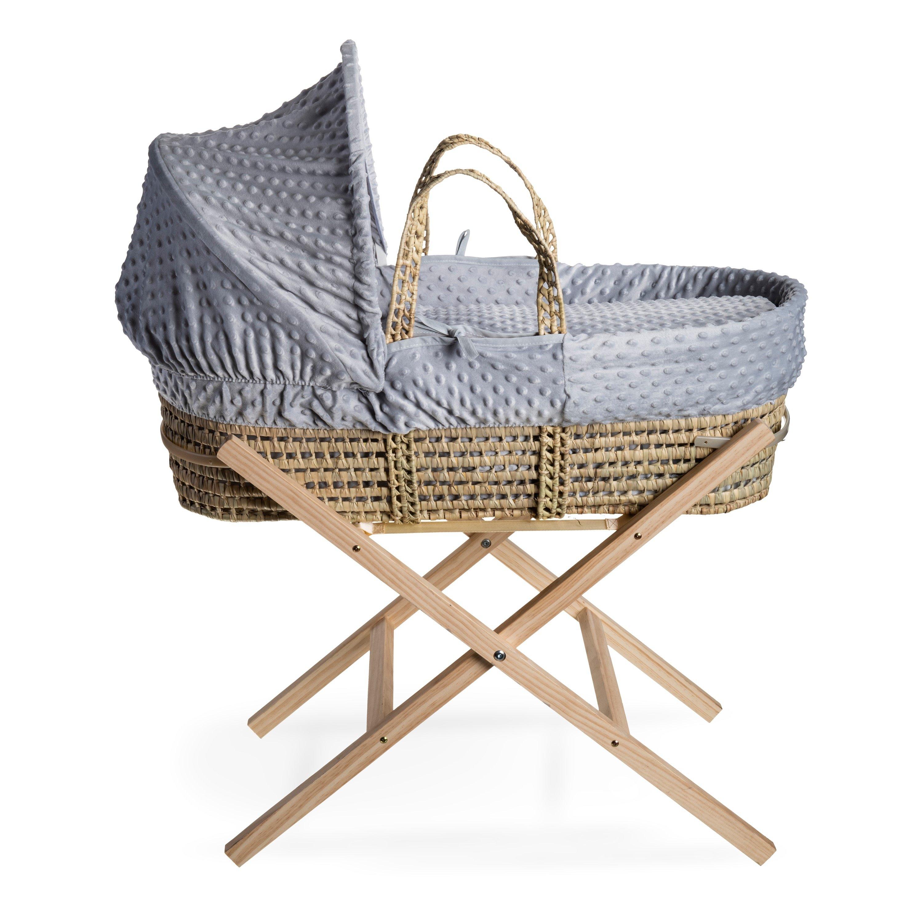 Clair De Lune  Newborn Dimple Palm Moses Basket With Stand - Grey/Natural - 75x28x24cm