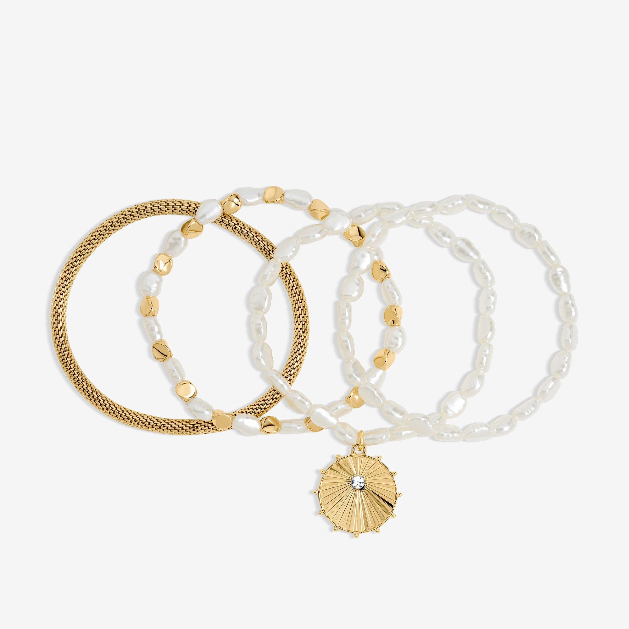 Gold - Mood - Gold Pearl Charm Stretch Bracelet - Pack of 4