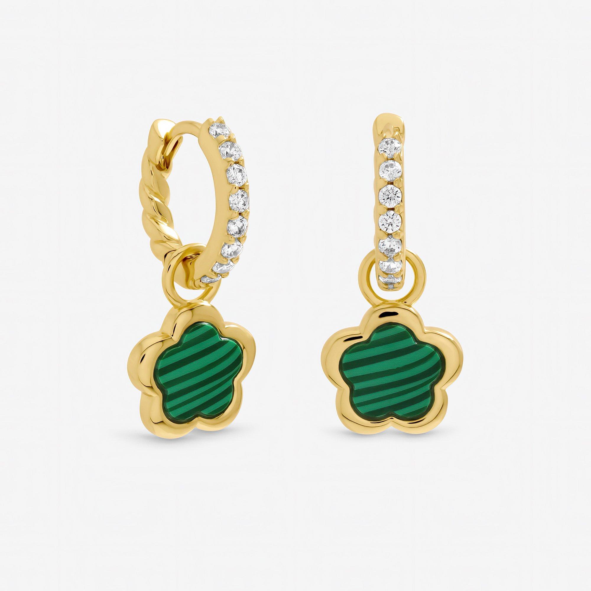 Gold - Inicio - Gold and Malachite Flower Earrings - Gift Pouch