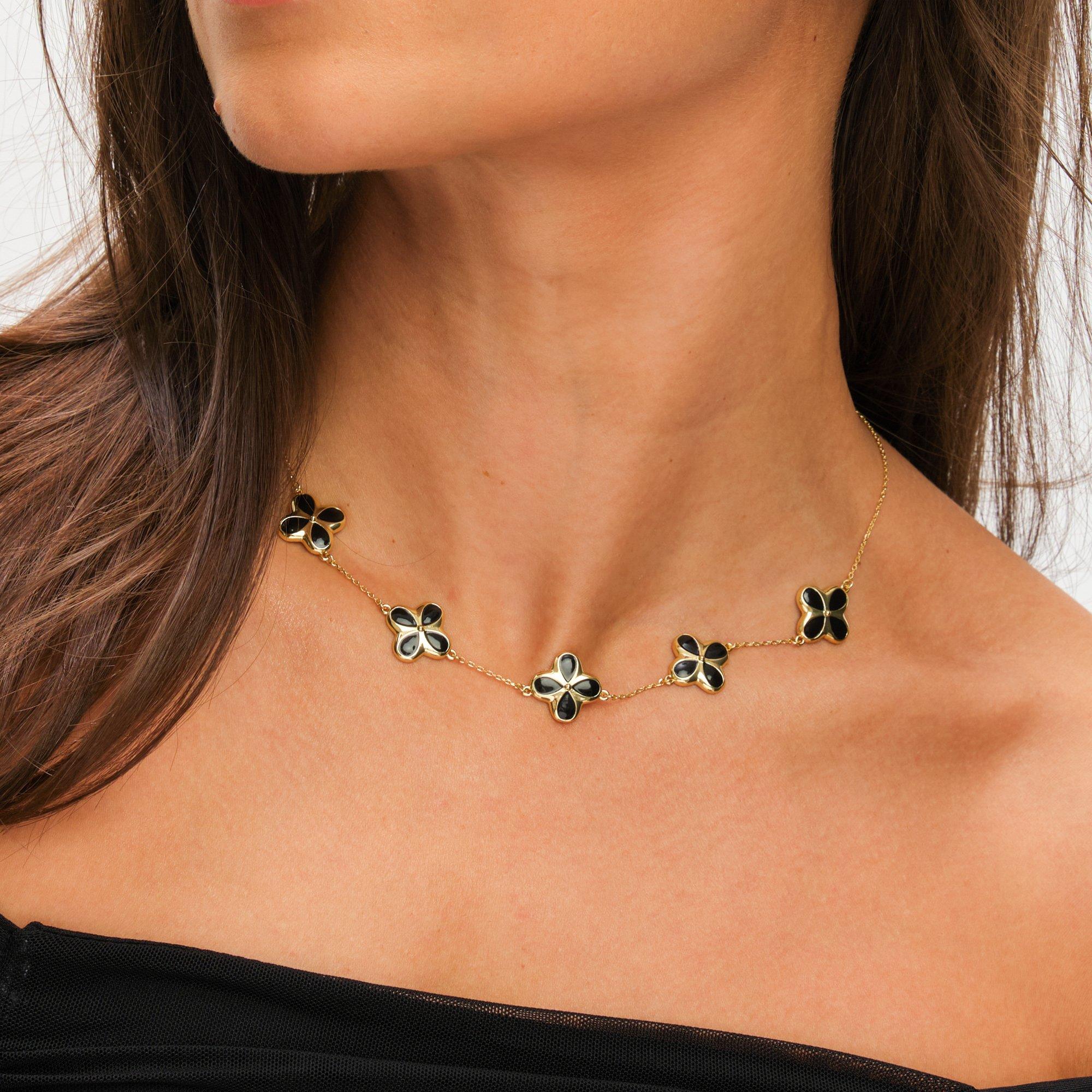 Gold - Inicio - 14K Gold Plated Jet Clover Necklace - Gift Pouch - 2