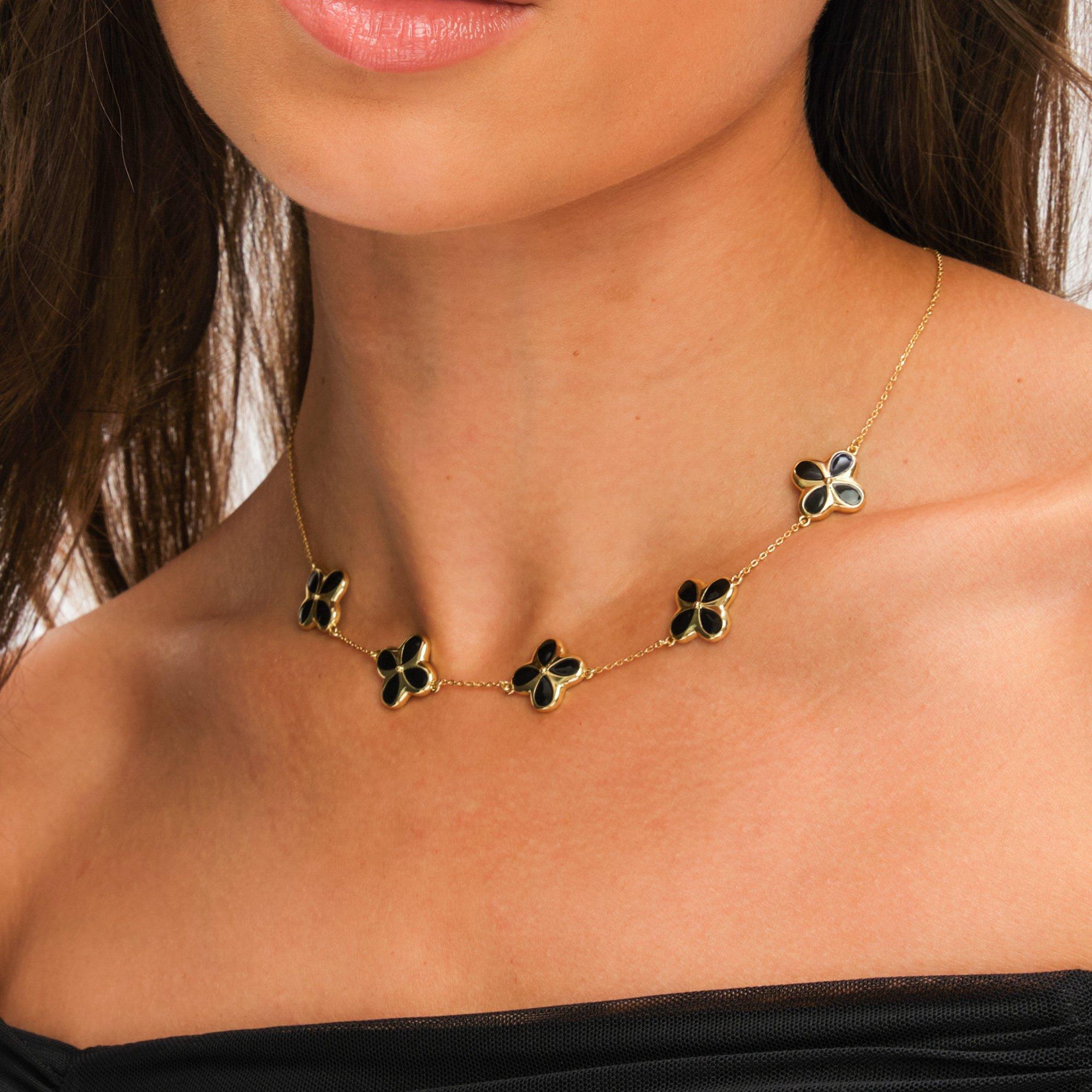 Gold - Inicio - 14K Gold Plated Jet Clover Necklace - Gift Pouch - 3