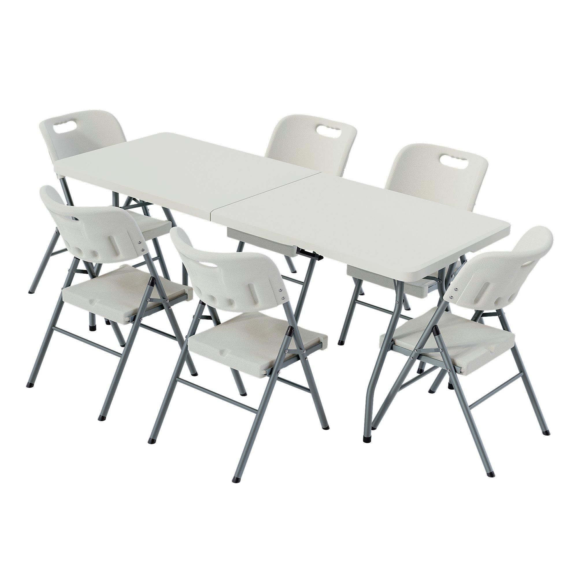 White - Lassic - Outdoor Trestle Folding Table 6ft 6 Folding Chairs - 10
