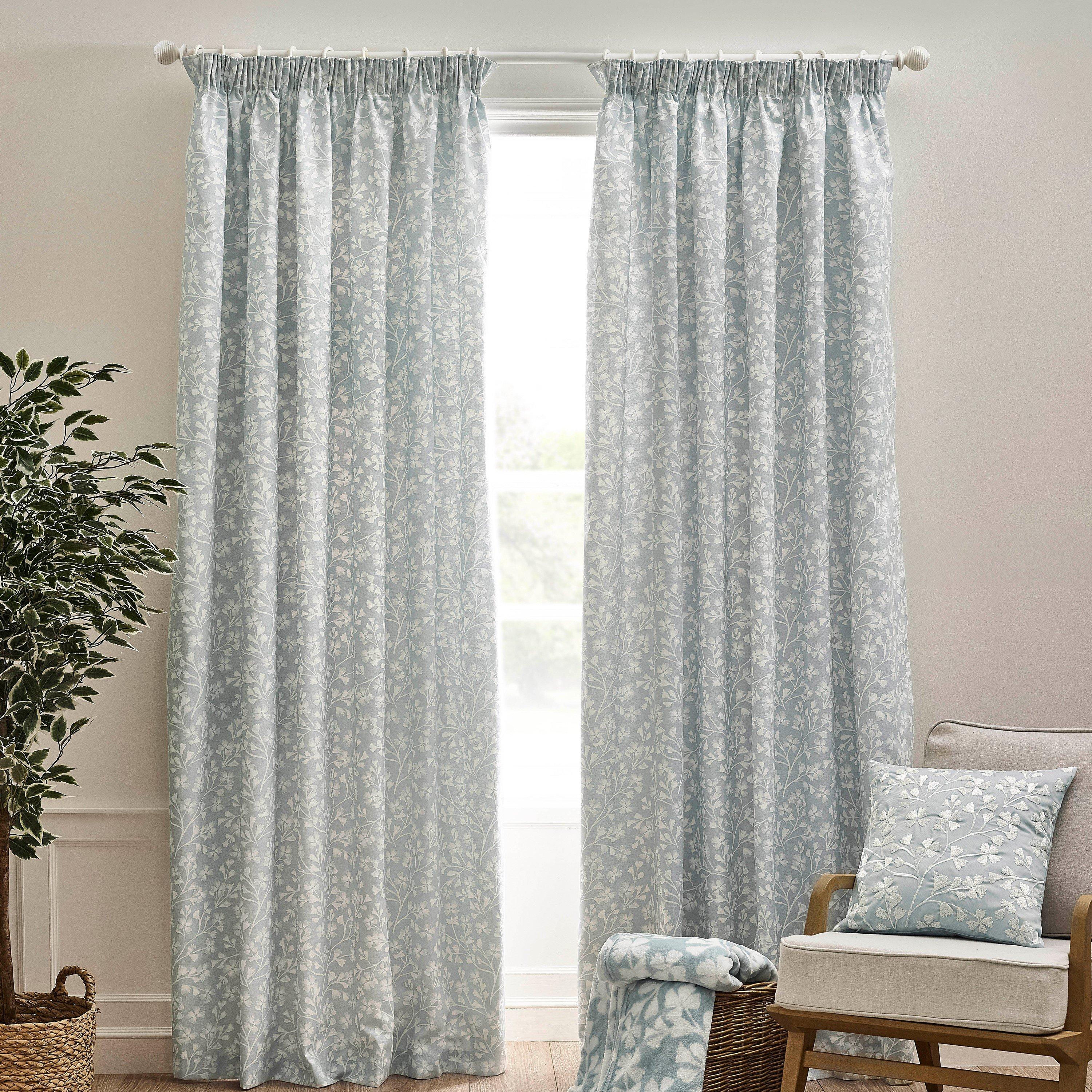 Duck Egg Blue - Catherine Lansfield - Brooke Floral Lined Pencil Pleat Curtains - 2