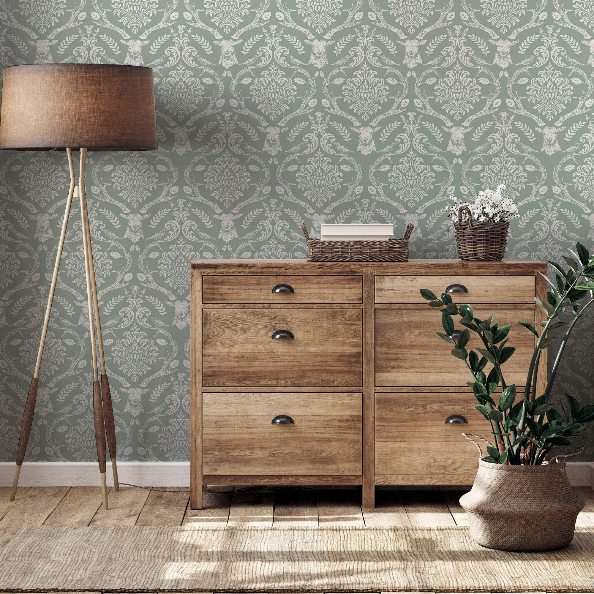 Green - Arthouse - Stag Damask Sage Green sw12 - 3