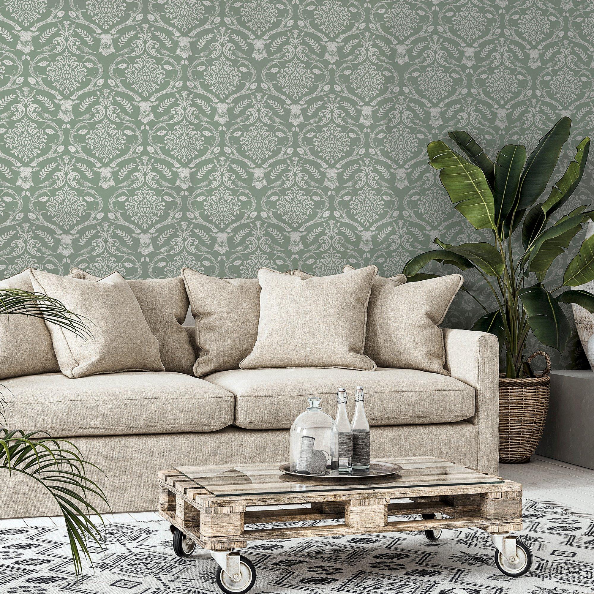 Green - Arthouse - Stag Damask Sage Green sw12 - 5