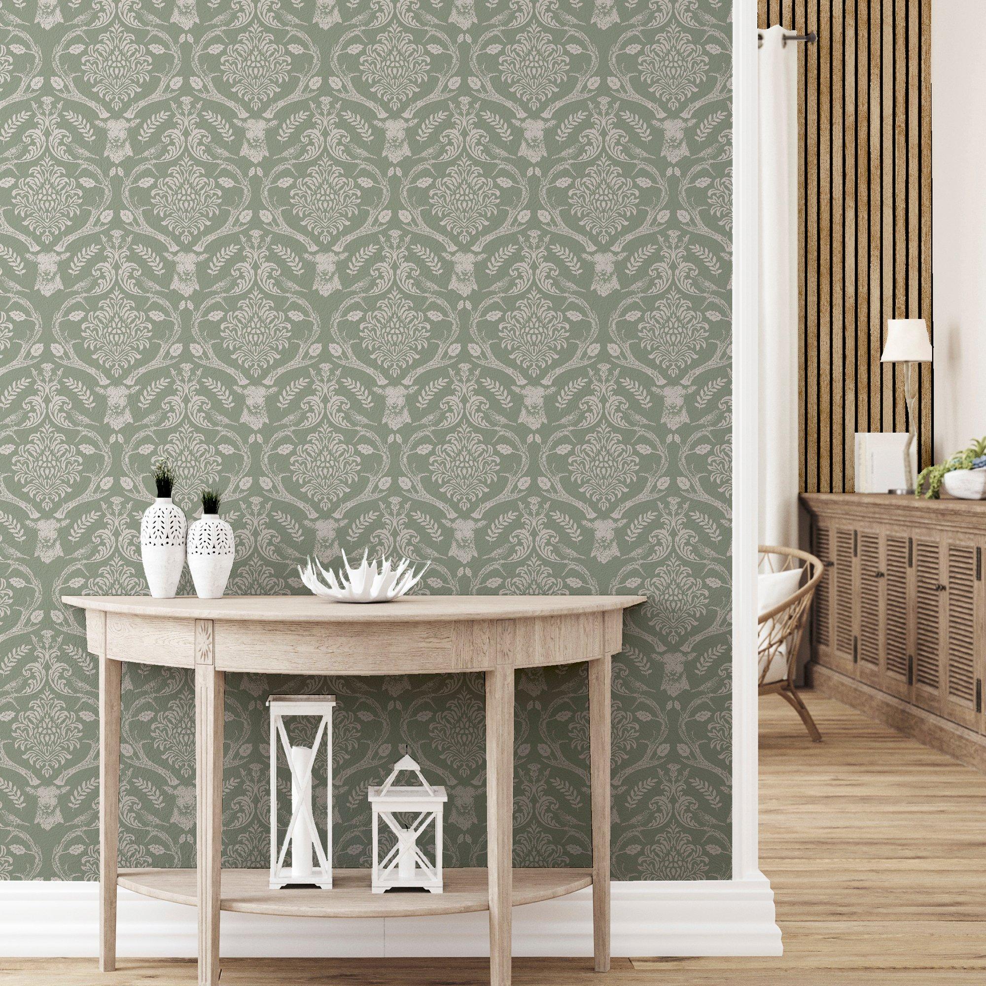 Green - Arthouse - Stag Damask Sage Green sw12 - 7