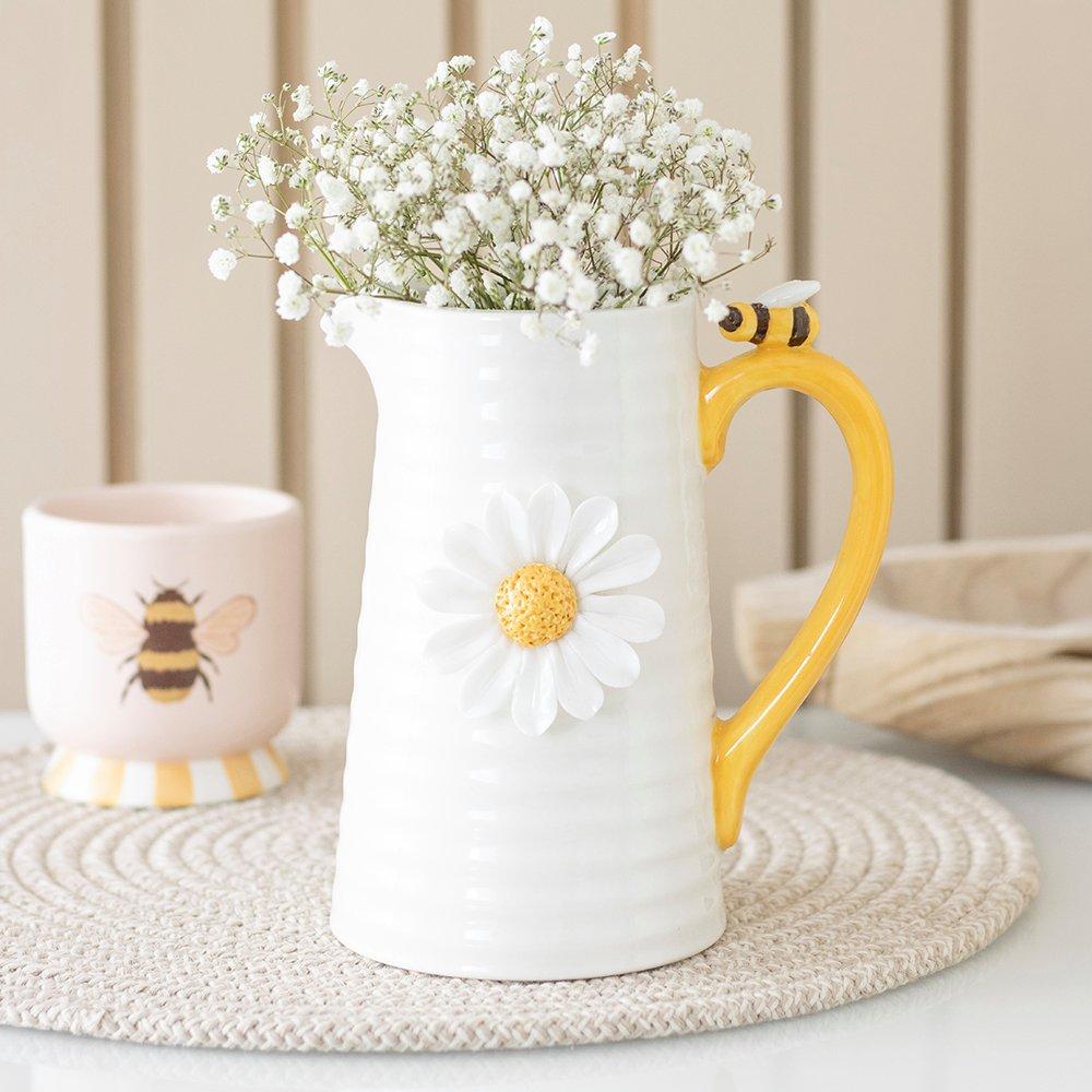 White - Something Different - 3D Daisy and Honey Bee Ceramic Flower Jug - 1