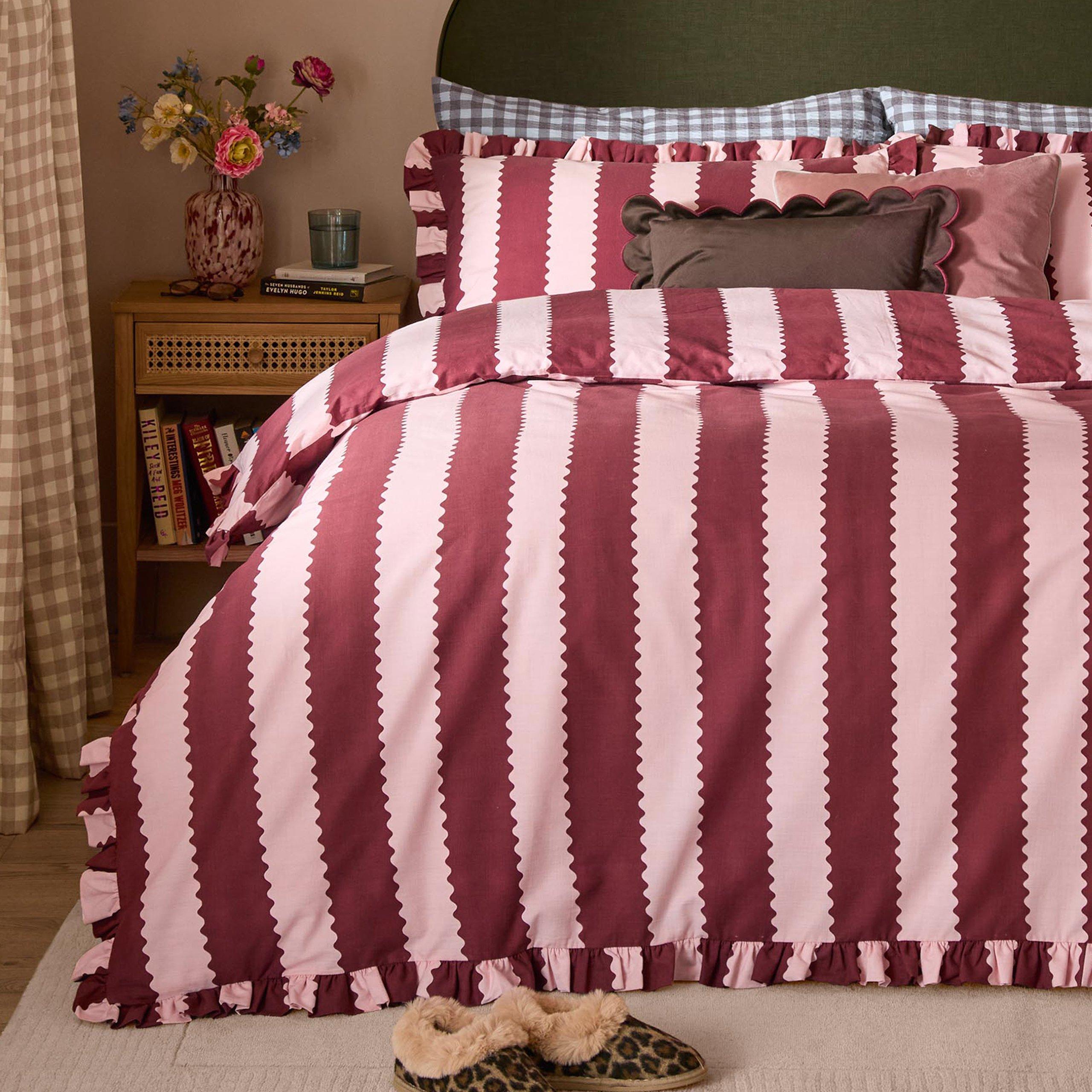 Burgundy/Blosso - Wylder - Birdie Stripe Ruffle Duvet Set - 4