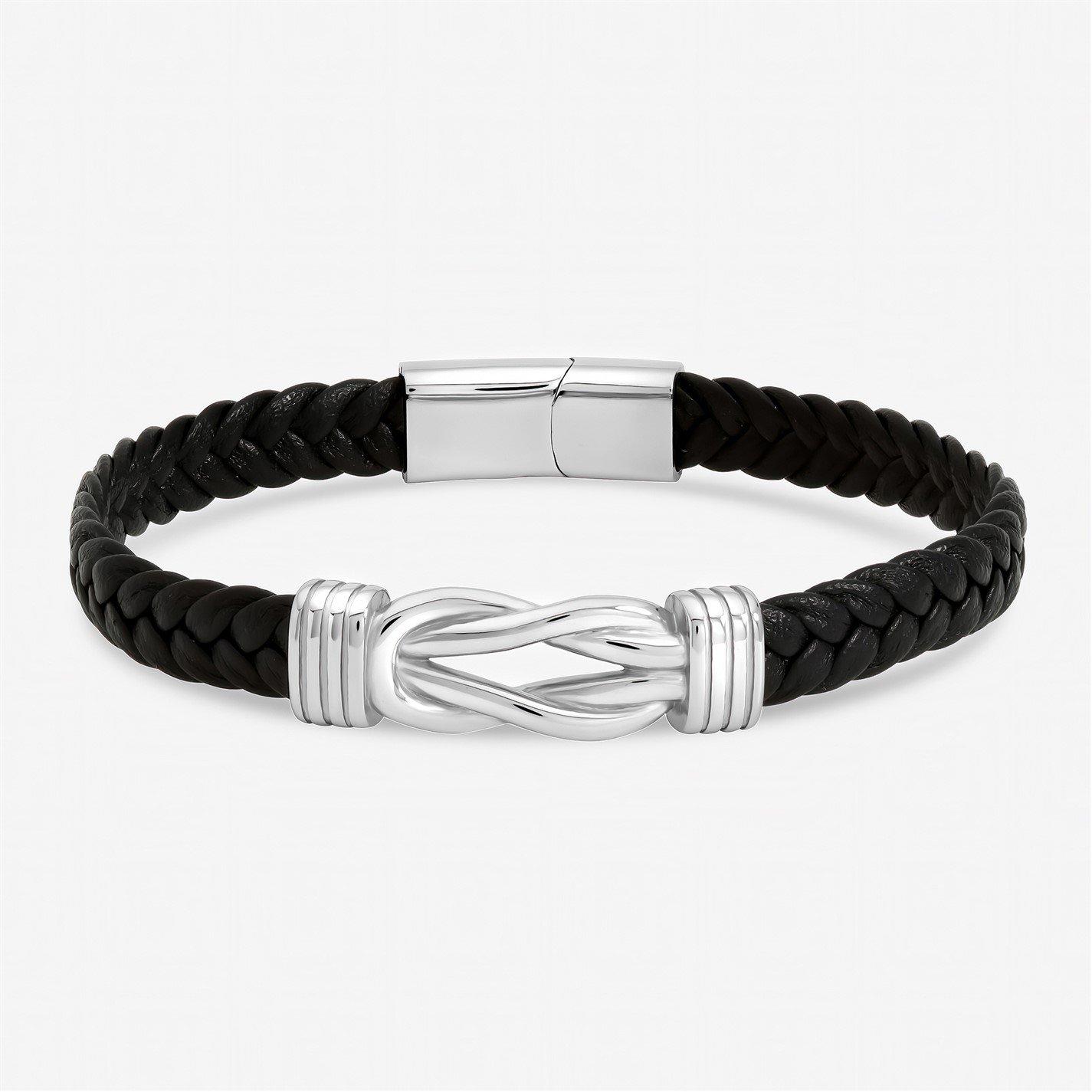 Silver - Inicio - Mens Black Plaited Bracelet - Gift Pouch - 1