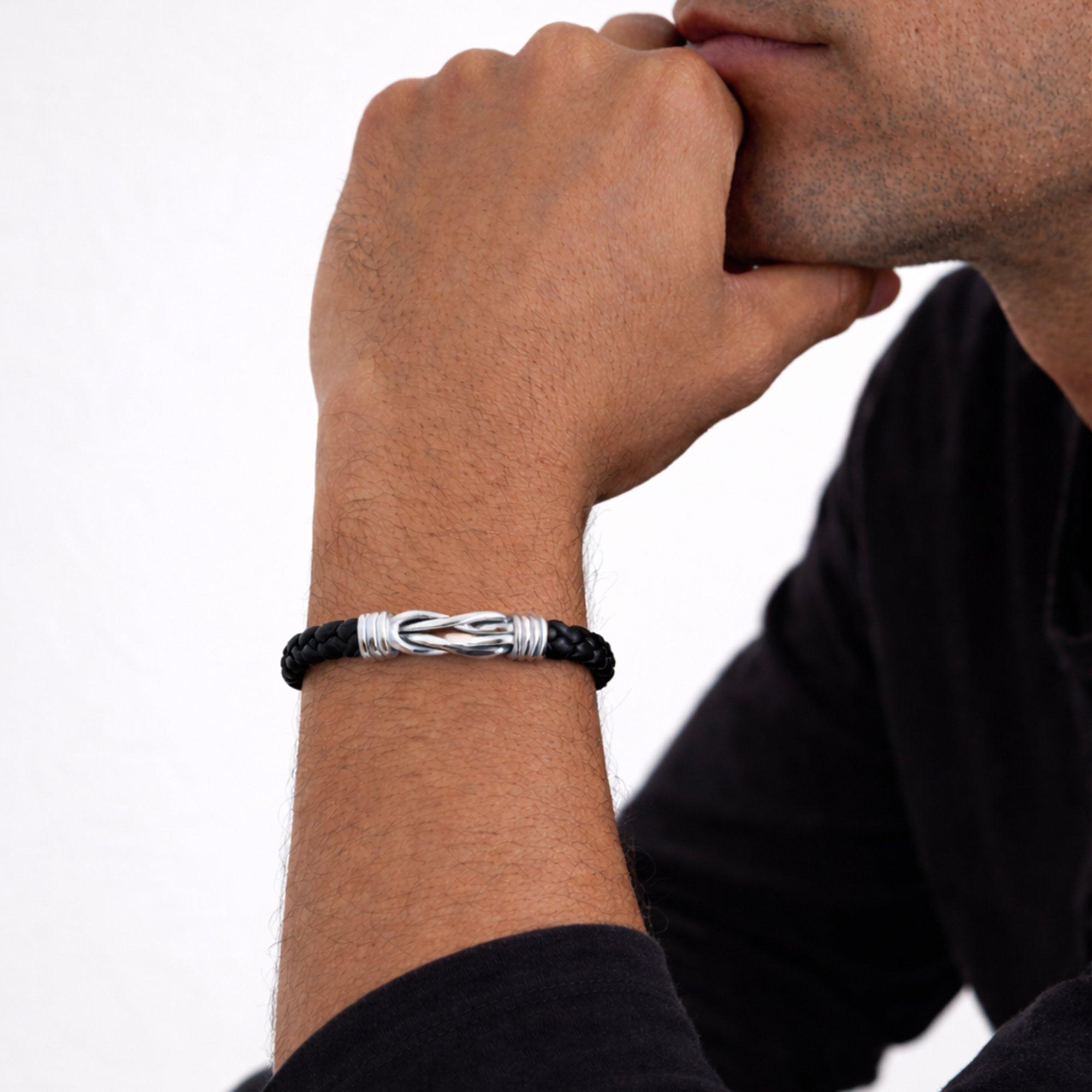 Silver - Inicio - Mens Black Plaited Bracelet - Gift Pouch - 2