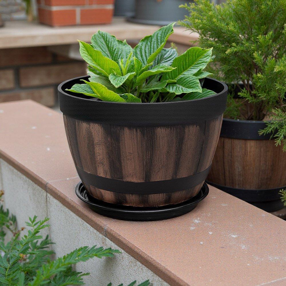 Brown - LIFE IDEAS - Wooden Barrel Plastic Plant Pots Set of 4 - 2