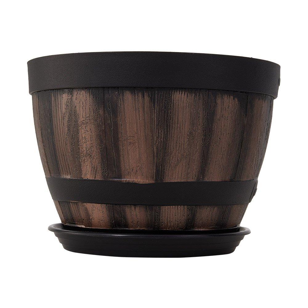 Brown - LIFE IDEAS - Wooden Barrel Plastic Plant Pots Set of 4 - 3