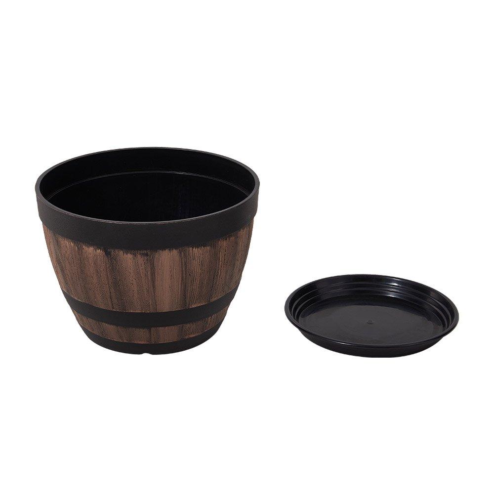 Brown - LIFE IDEAS - Wooden Barrel Plastic Plant Pots Set of 4 - 4
