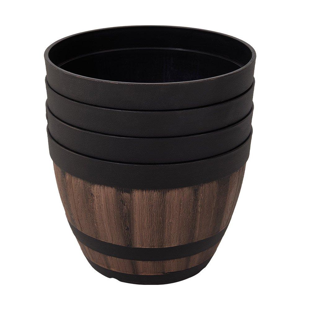 Brown - LIFE IDEAS - Wooden Barrel Plastic Plant Pots Set of 4 - 5