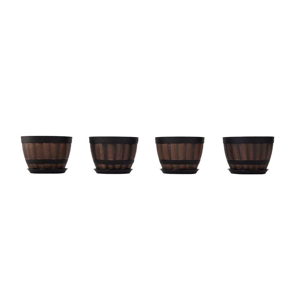 Brown - LIFE IDEAS - Wooden Barrel Plastic Plant Pots Set of 4 - 9