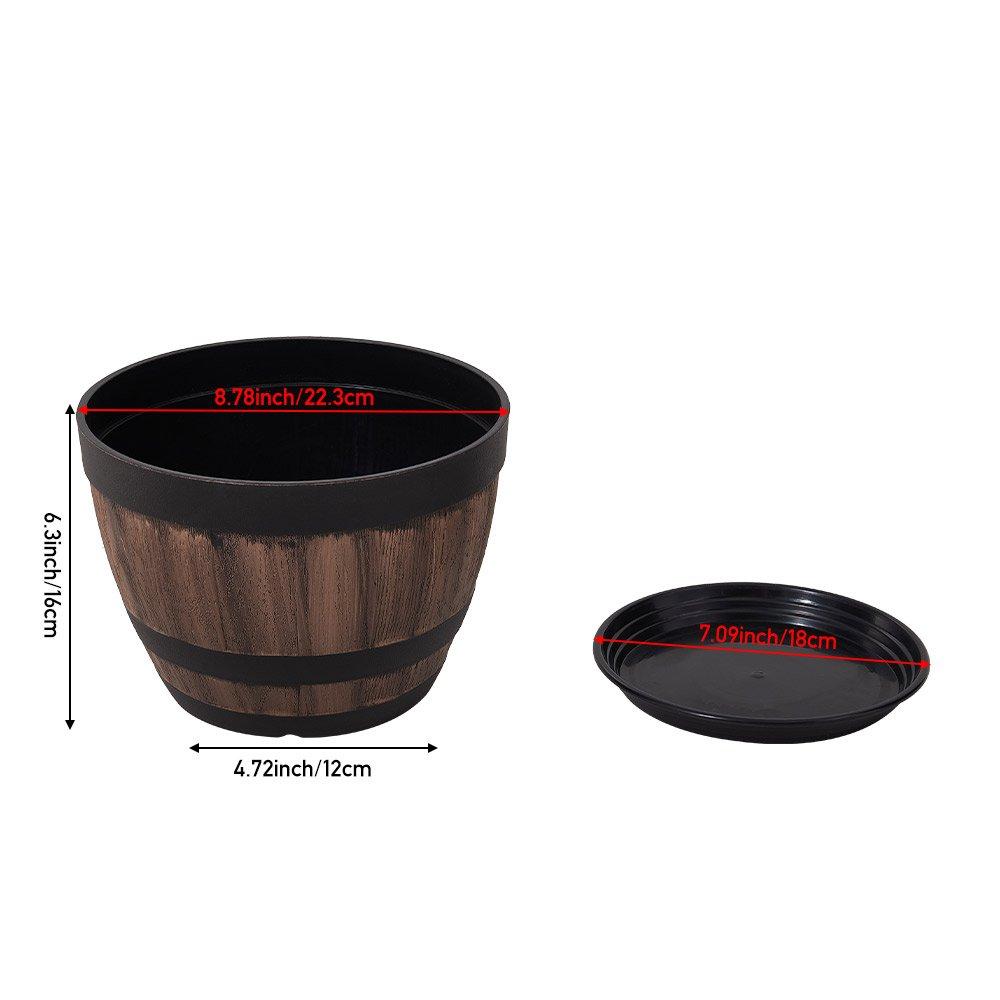 Brown - LIFE IDEAS - Wooden Barrel Plastic Plant Pots Set of 4 - 10