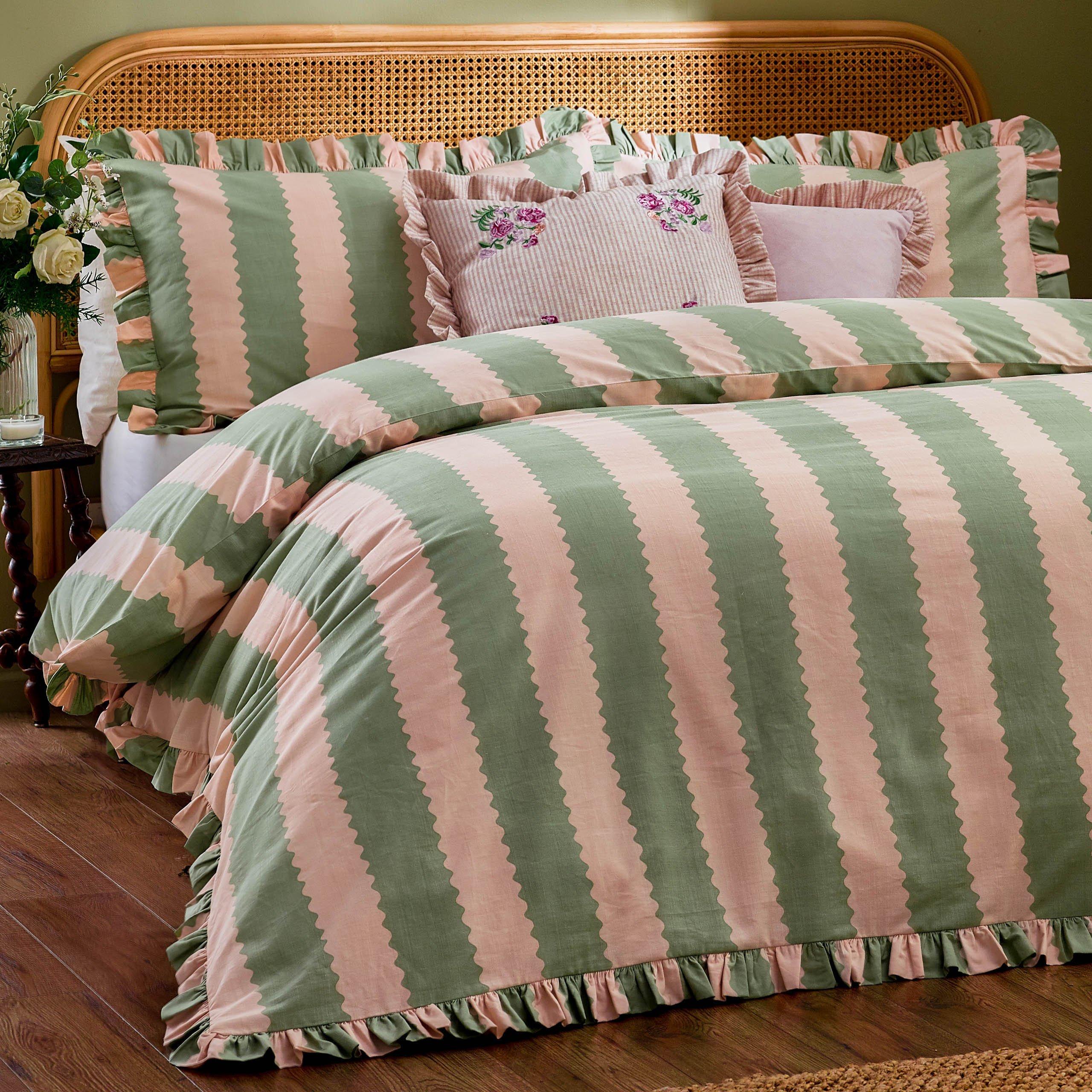 Wylder  Birdie Stripe Ruffle Duvet Set - Pink/Green - King