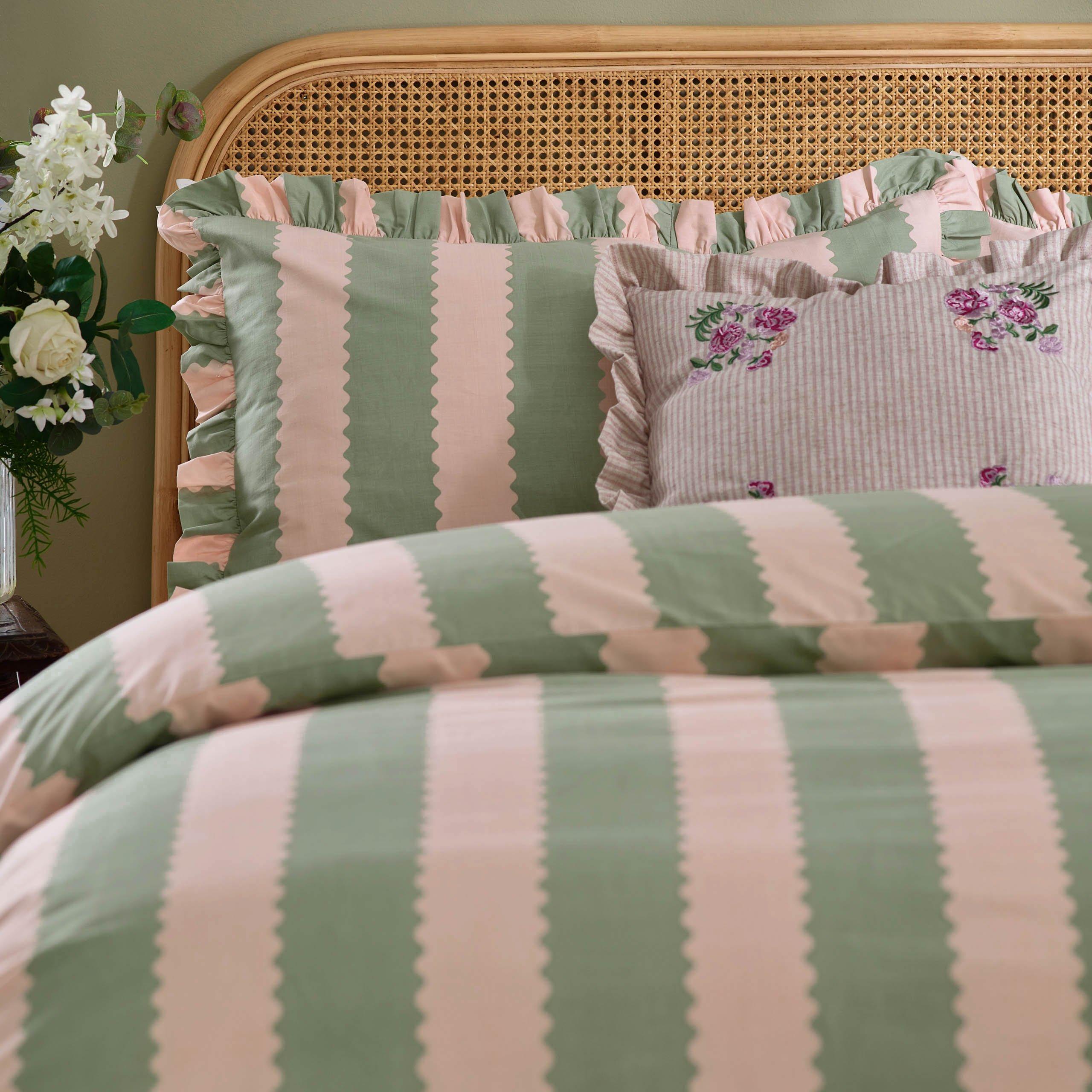 Pink/Green - Wylder - Birdie Stripe Ruffle Duvet Set - 3