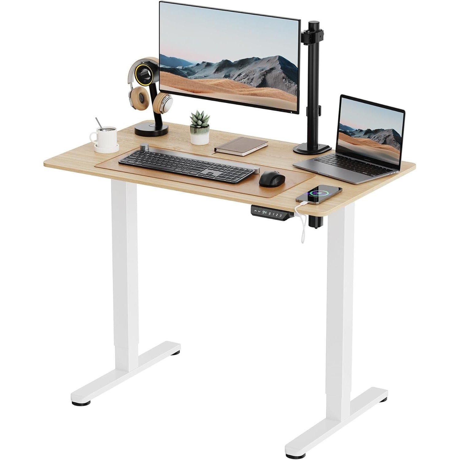 White - VonHaus - White Standing Desk with Maple Desktop 100x60cm - 1
