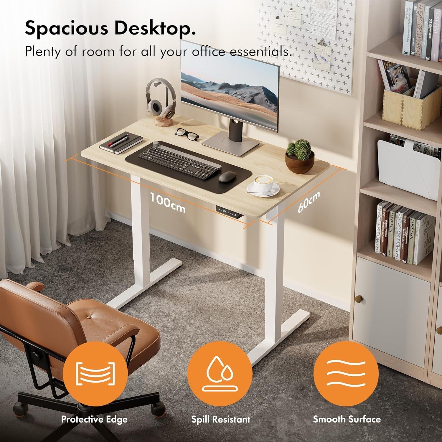 White - VonHaus - White Standing Desk with Maple Desktop 100x60cm - 3