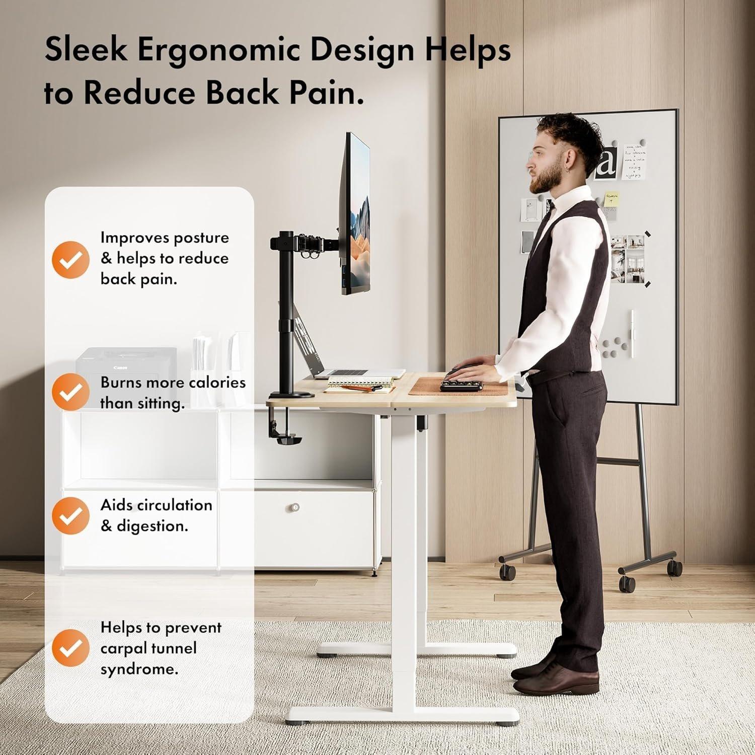White - VonHaus - White Standing Desk with Maple Desktop 100x60cm - 5