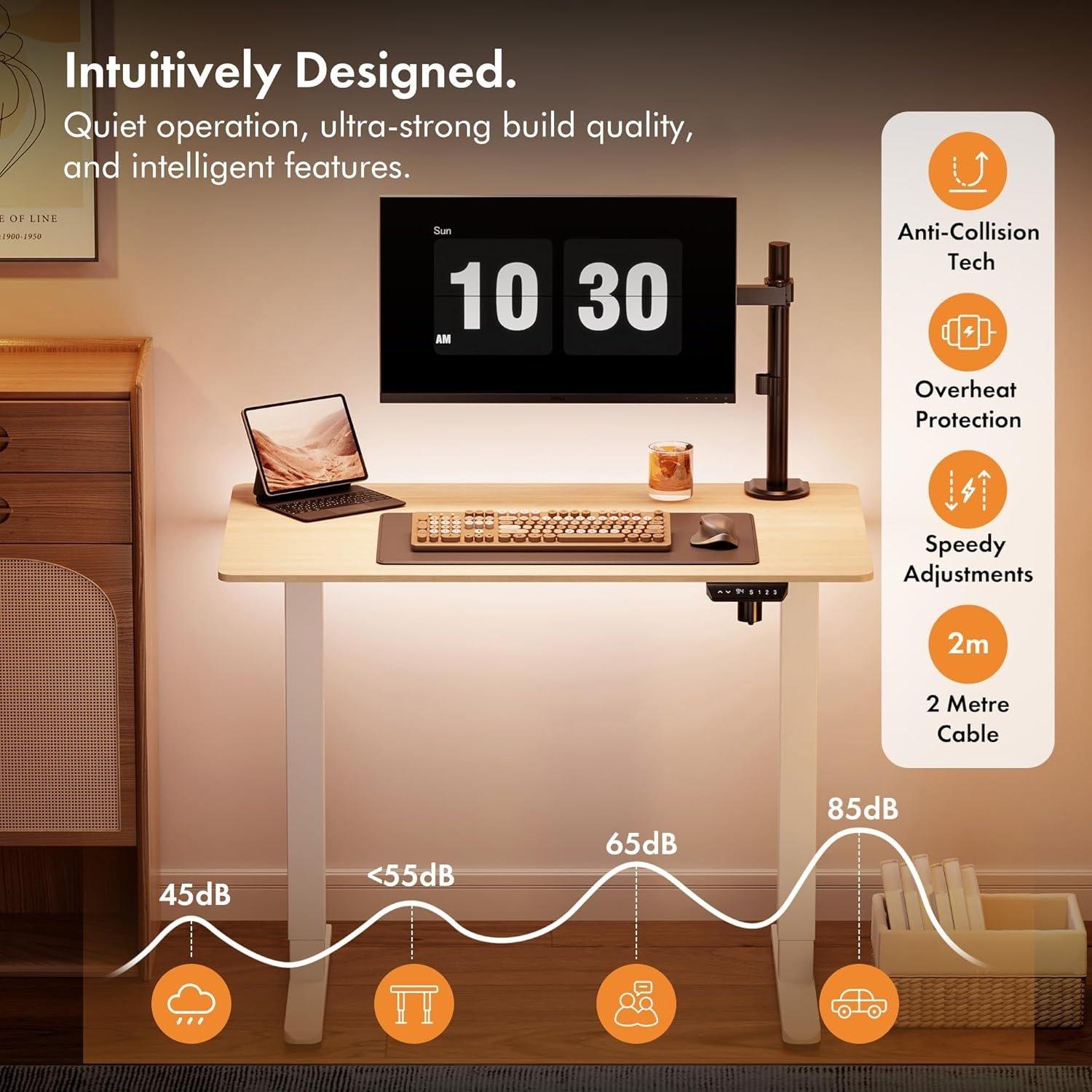 White - VonHaus - White Standing Desk with Maple Desktop 100x60cm - 6