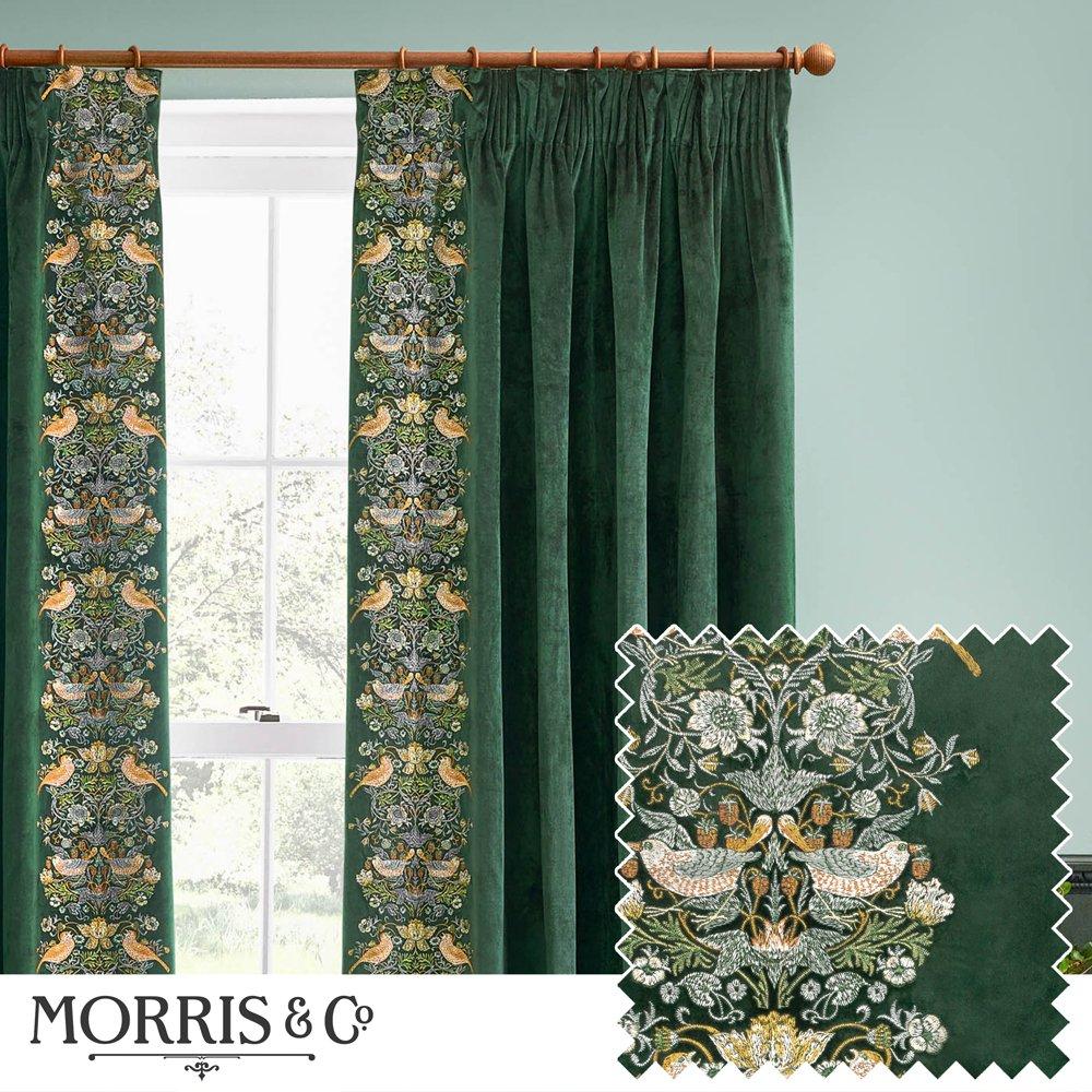 Forest Green - Morris and Co - Strawberry Thief Fully Lined Embroidered Velvet Pe - 1