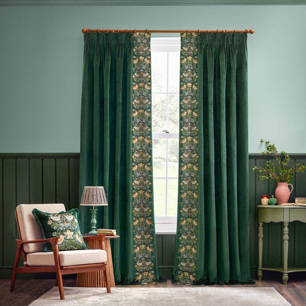 Forest Green - Morris and Co - Strawberry Thief Fully Lined Embroidered Velvet Pe - 2