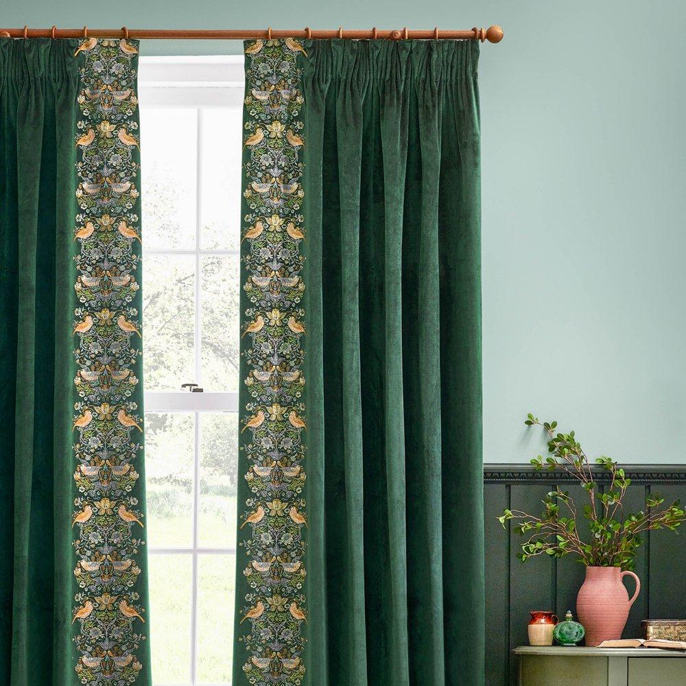 Forest Green - Morris and Co - Strawberry Thief Fully Lined Embroidered Velvet Pe - 3