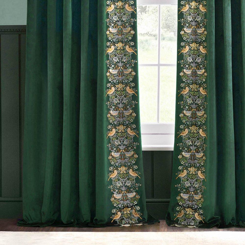 Forest Green - Morris and Co - Strawberry Thief Fully Lined Embroidered Velvet Pe - 4