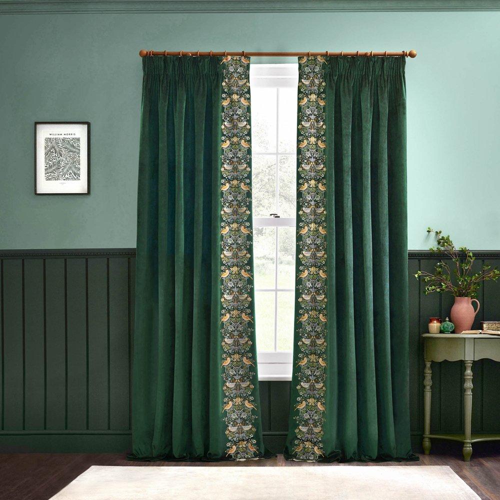 Forest Green - Morris and Co - Strawberry Thief Fully Lined Embroidered Velvet Pe - 6