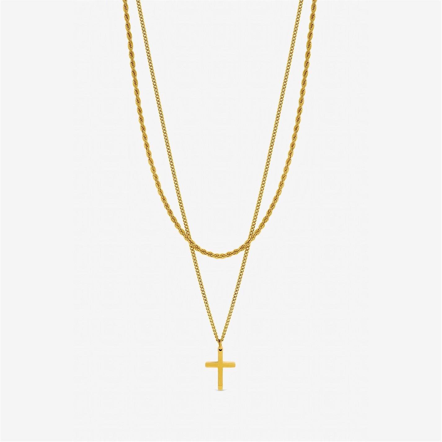 Gold - Inicio - Mens Waterproof 2 row Cross Necklace - Gift Pouch - 1