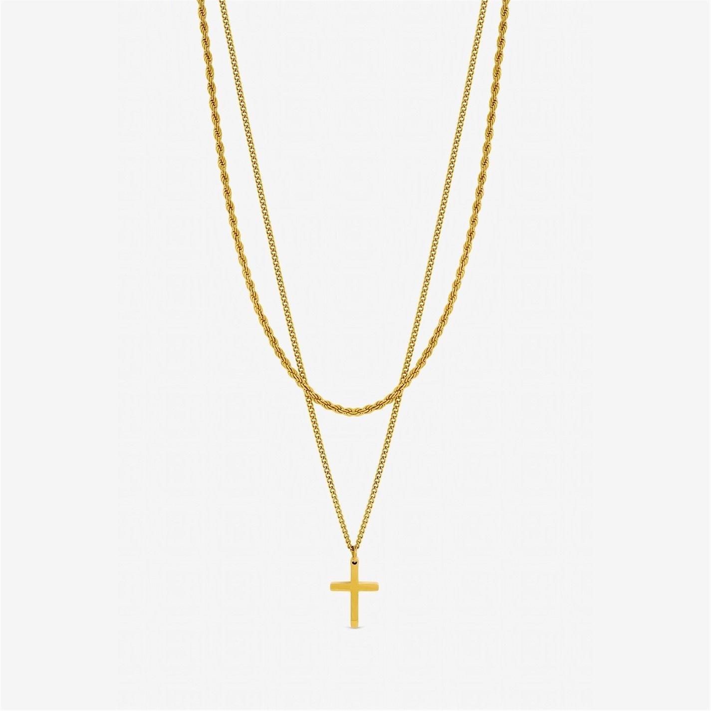Gold - Inicio - Mens Waterproof 2 row Cross Necklace - Gift Pouch - 1