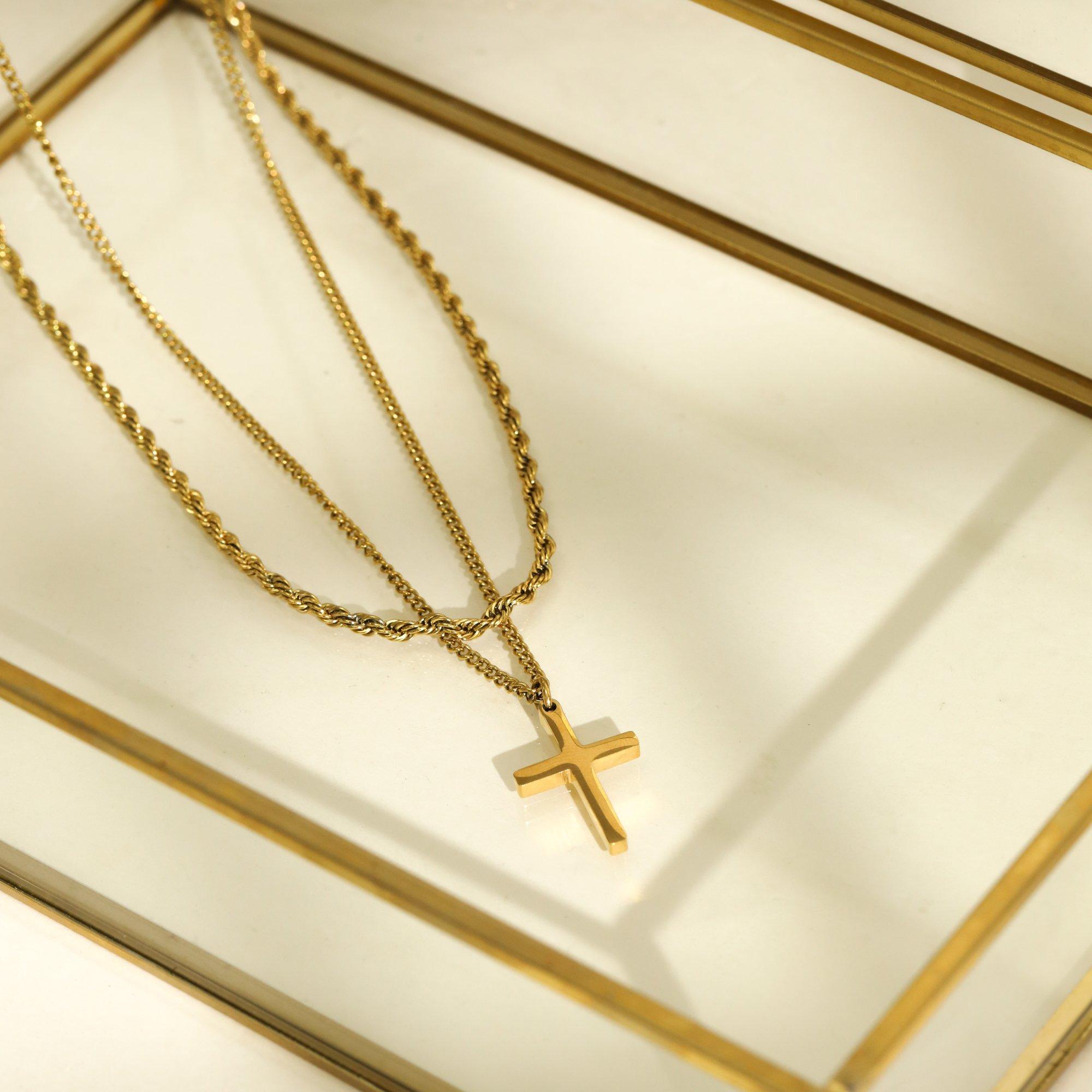 Gold - Inicio - Mens Waterproof 2 row Cross Necklace - Gift Pouch - 2