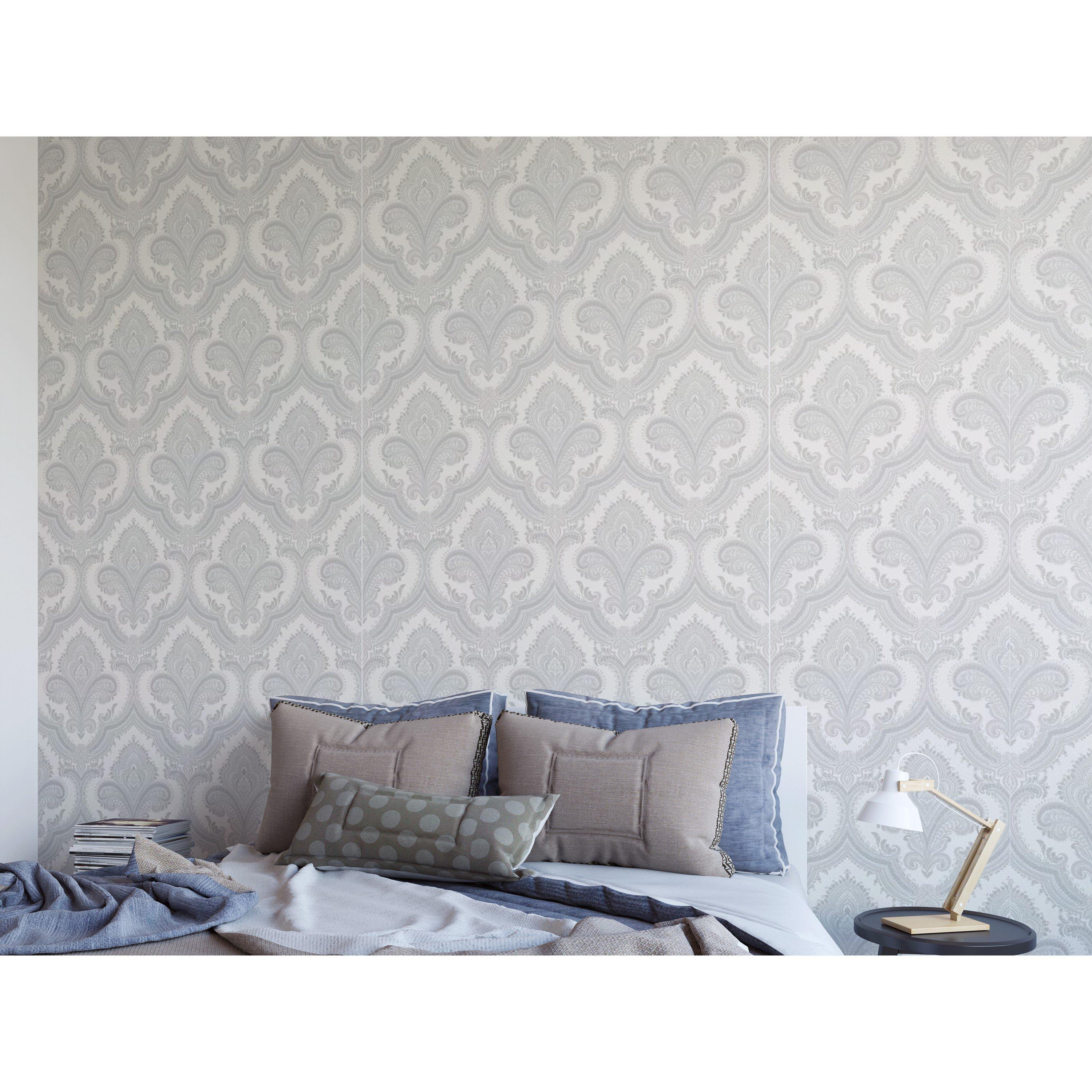 Design Id  Did Damask White & Silver Wallpaper - Grey