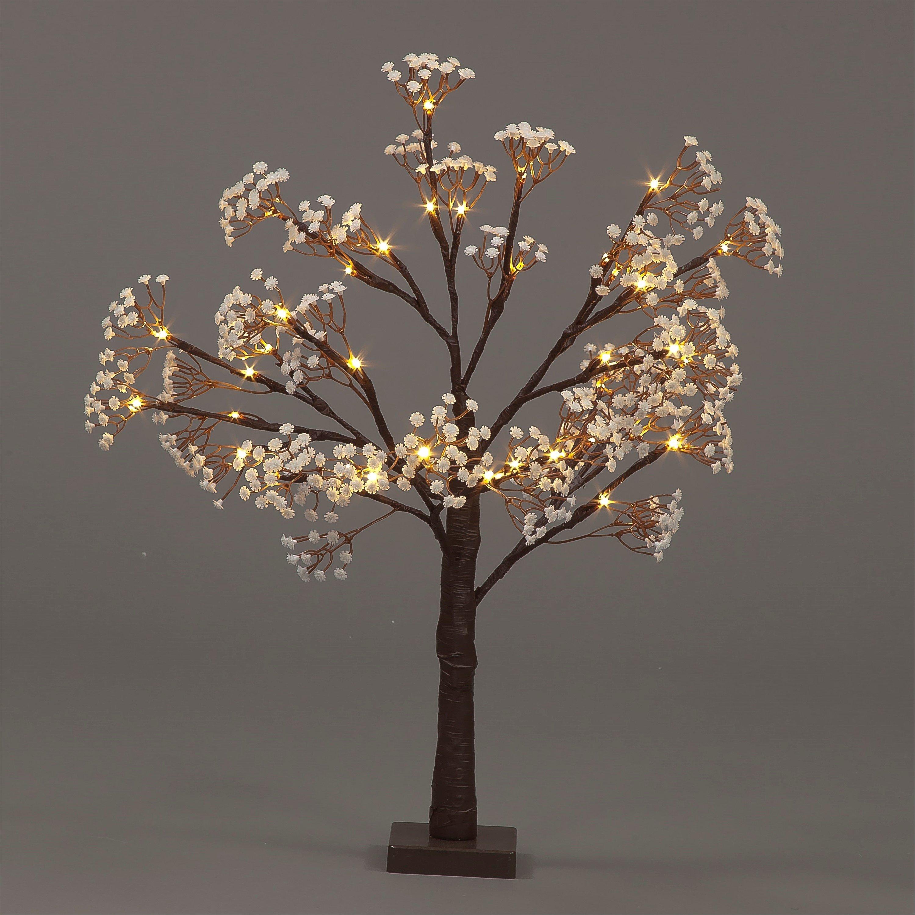 Brown - Snowtime - 60cm LED Lit Table Top White Flower Twig Tree