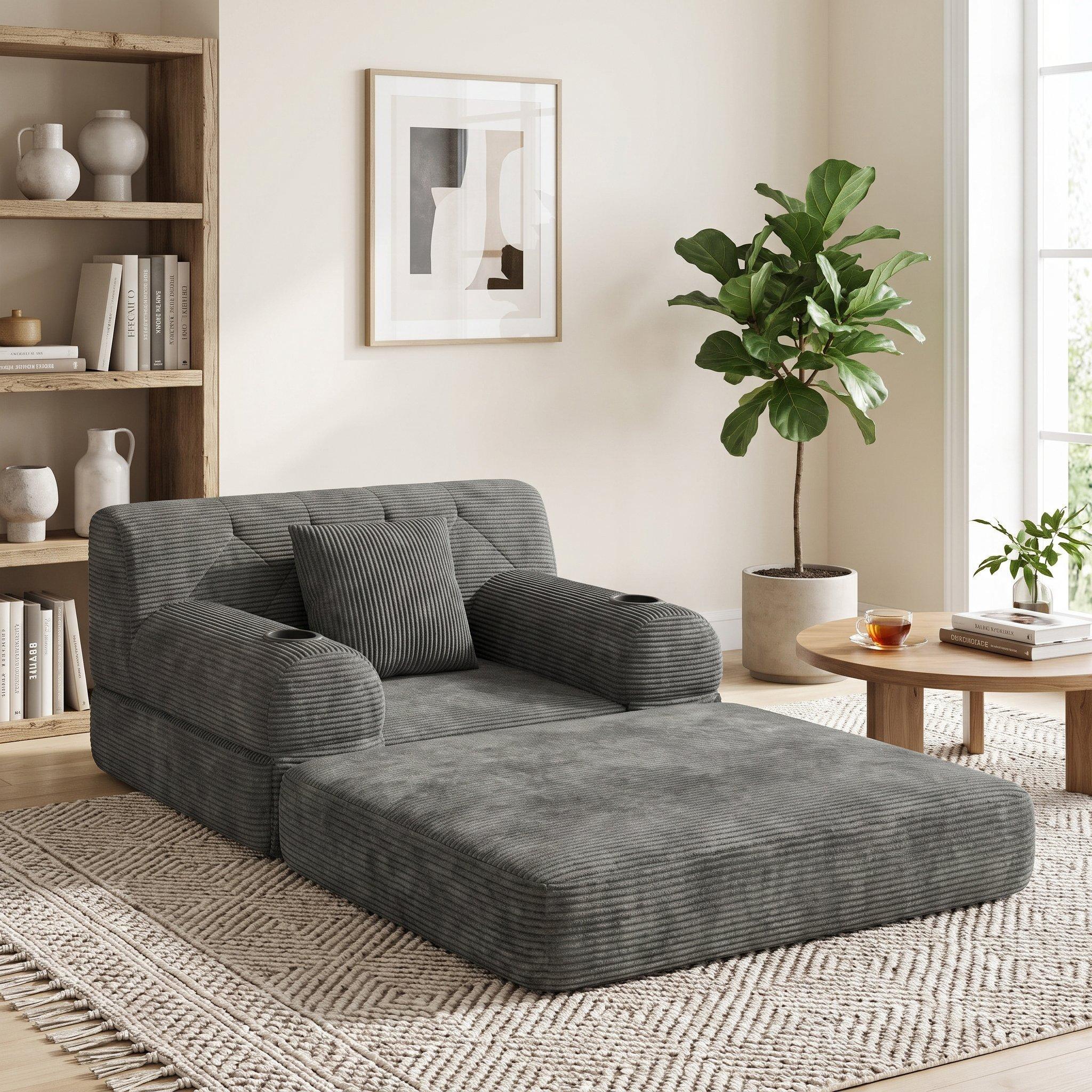 Dark Gray - Urban Meuble - Corduroy Convertible Sleeper Chair - 3