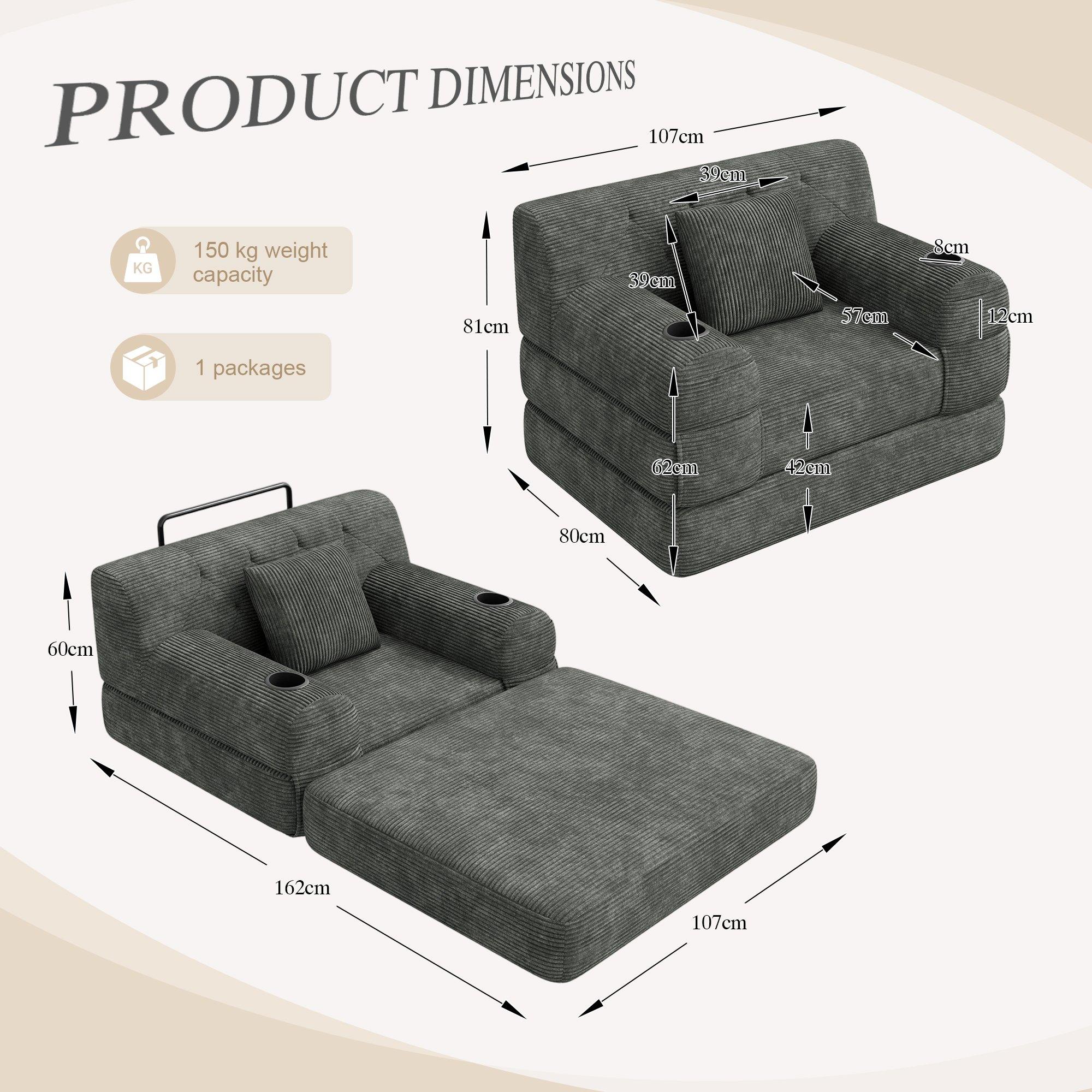 Dark Gray - Urban Meuble - Corduroy Convertible Sleeper Chair - 6