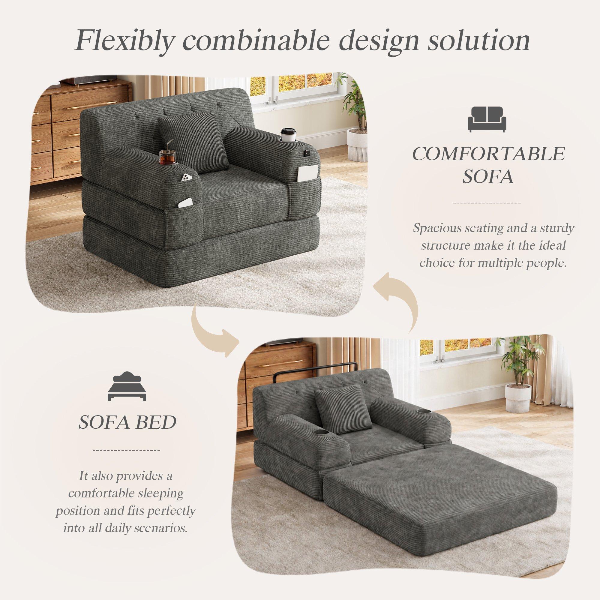 Dark Gray - Urban Meuble - Corduroy Convertible Sleeper Chair - 7