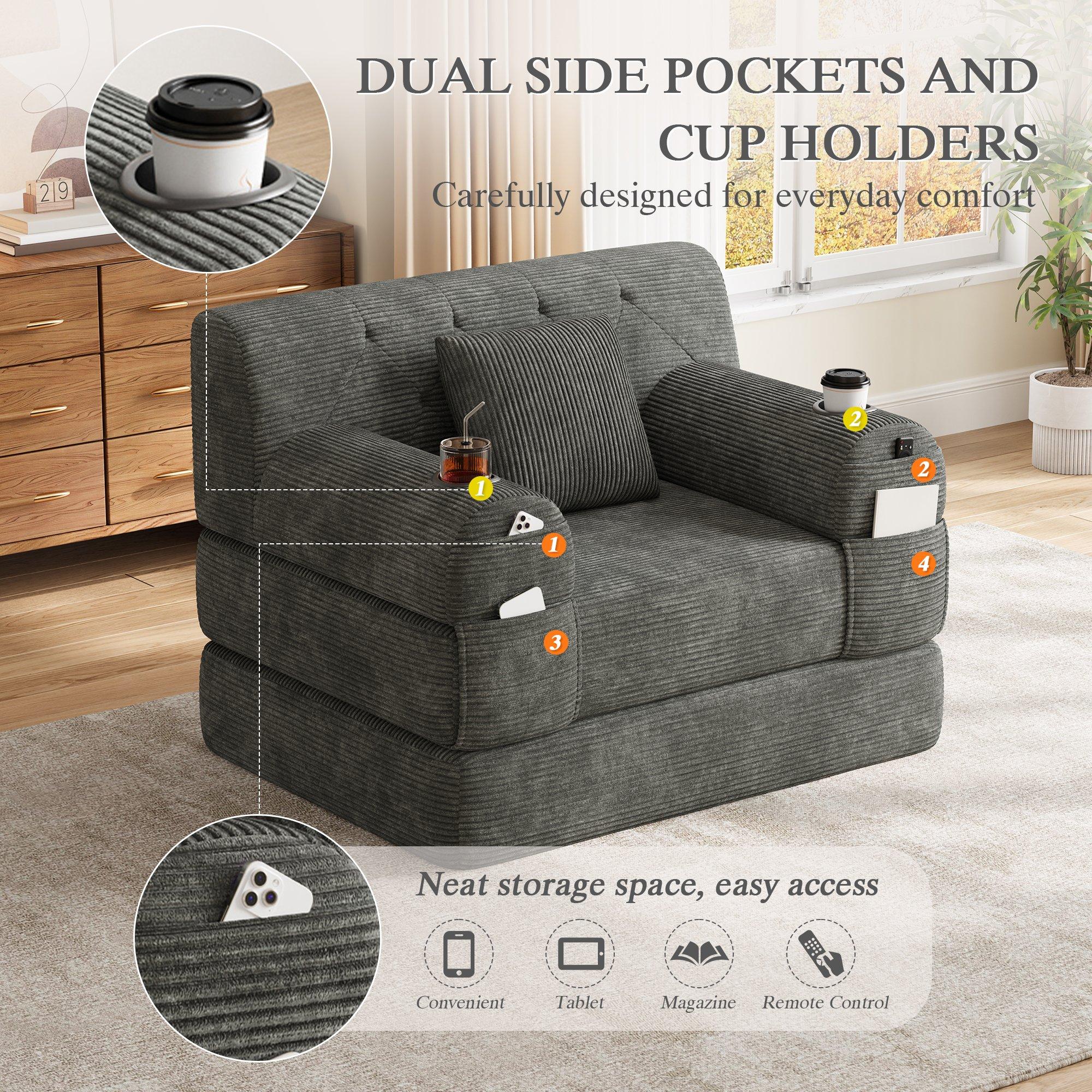 Dark Gray - Urban Meuble - Corduroy Convertible Sleeper Chair - 8