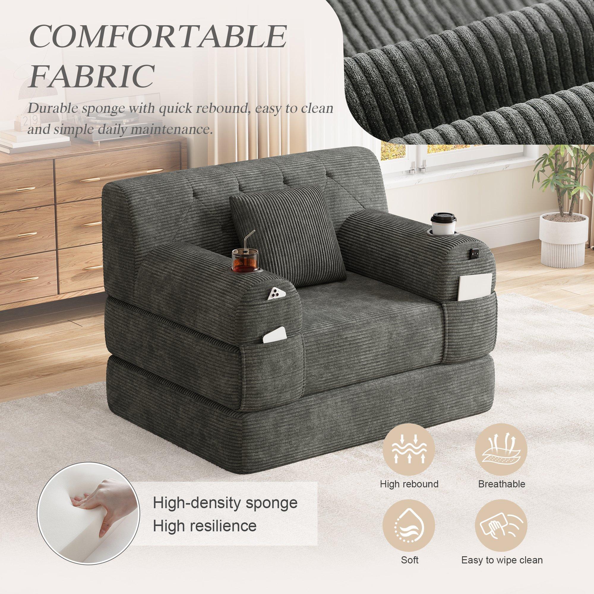 Dark Gray - Urban Meuble - Corduroy Convertible Sleeper Chair - 10