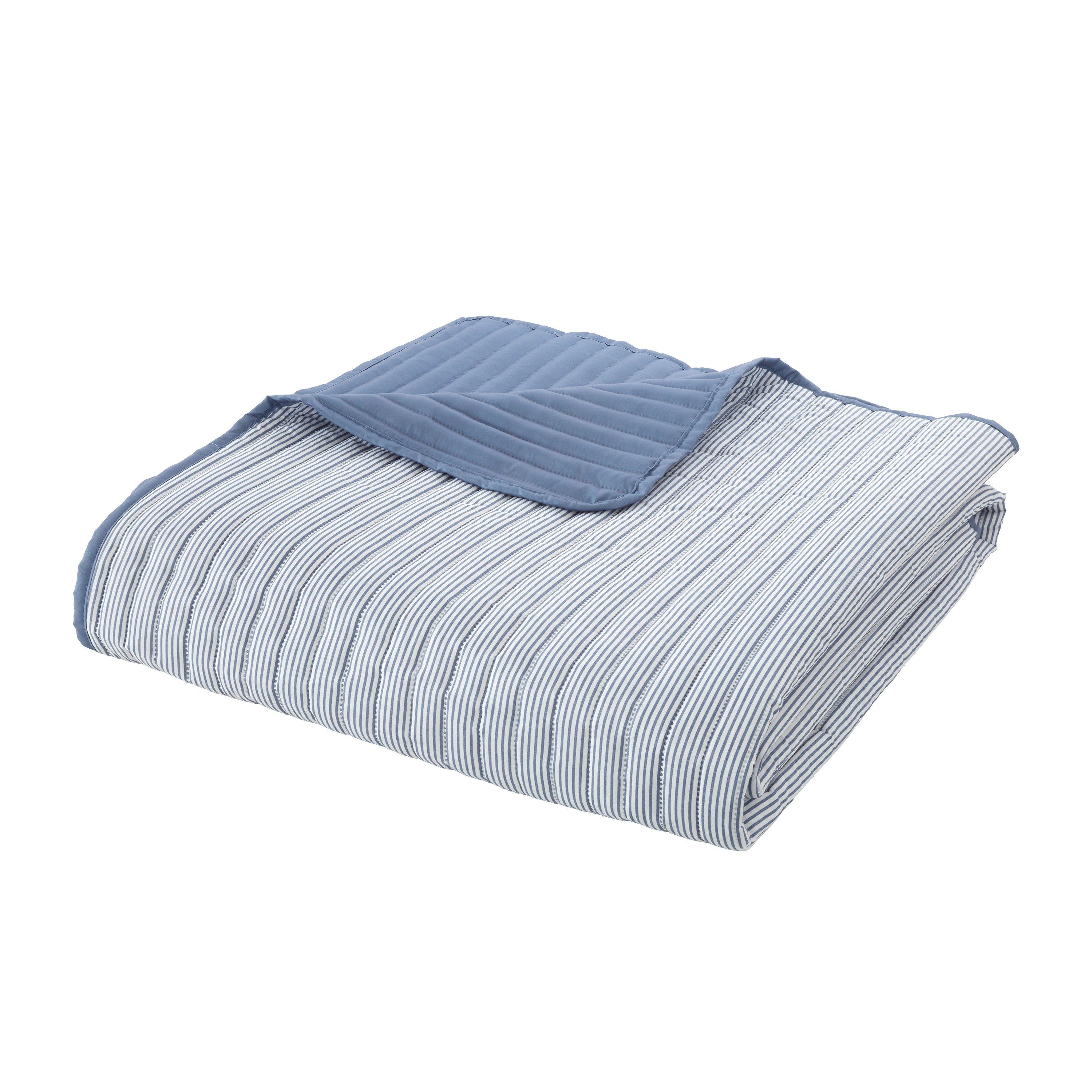 Blue - Catherine Lansfield - Stripe Quilted Reversible Bedspread - 5