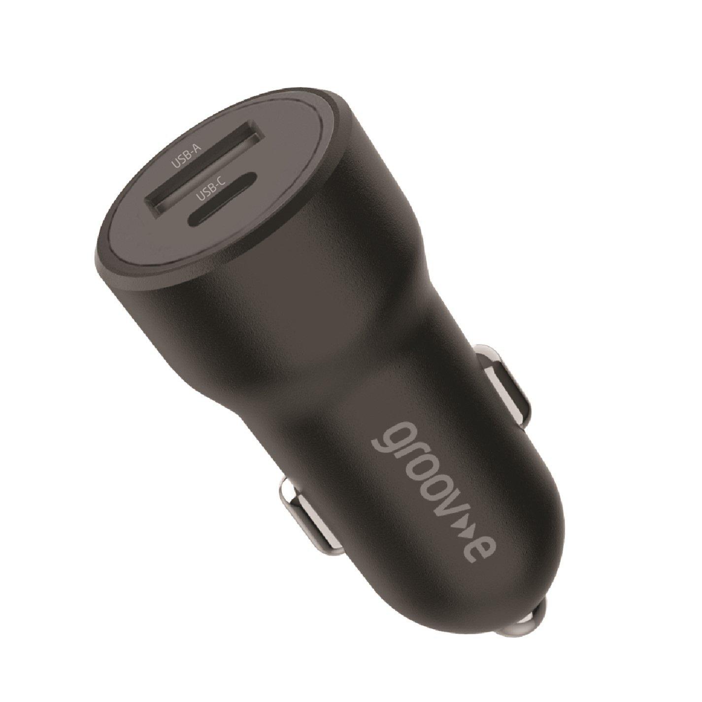 Black - Groov-e - USB-C & USB-A Car Charger 20W - Black - 1