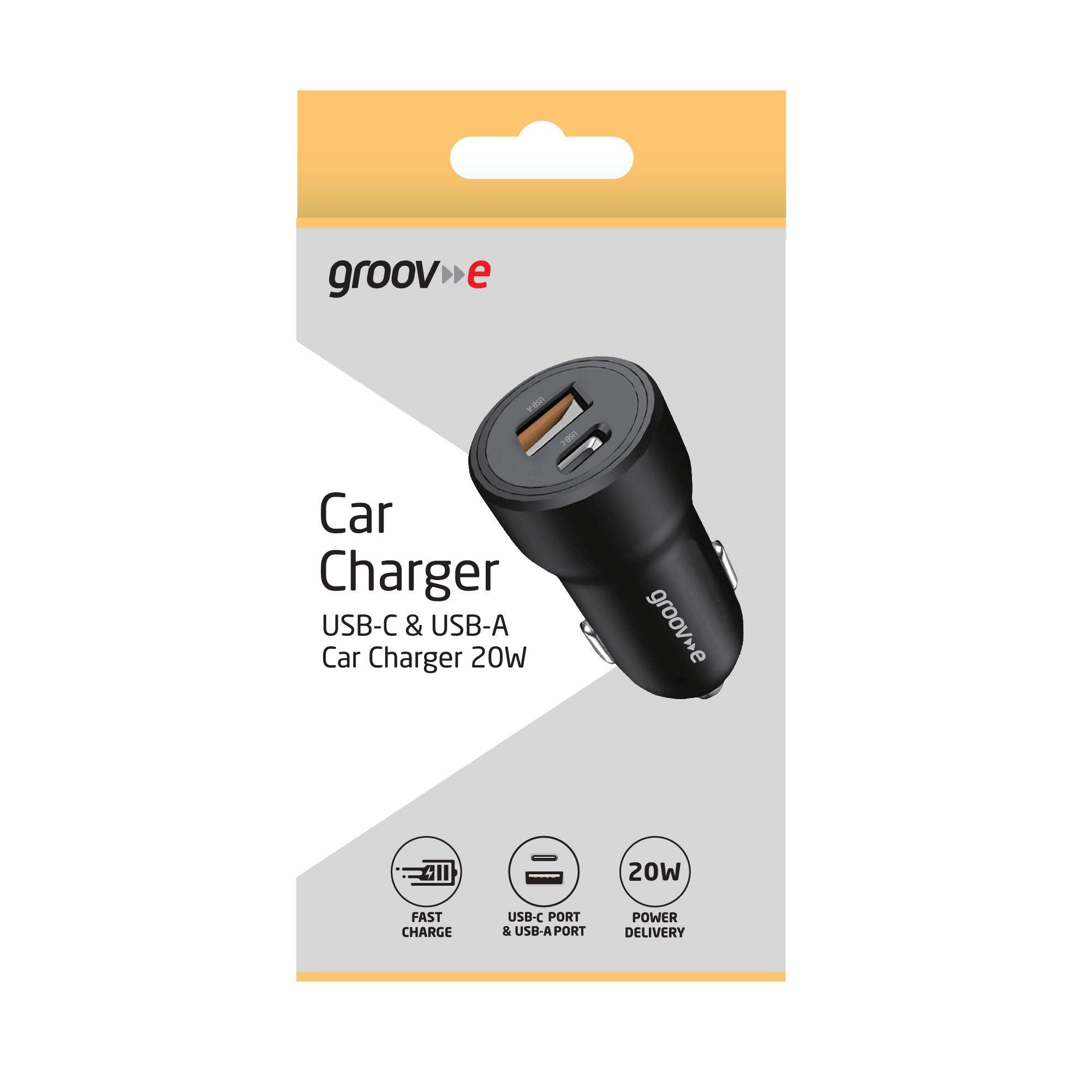 Black - Groov-e - USB-C & USB-A Car Charger 20W - Black - 2
