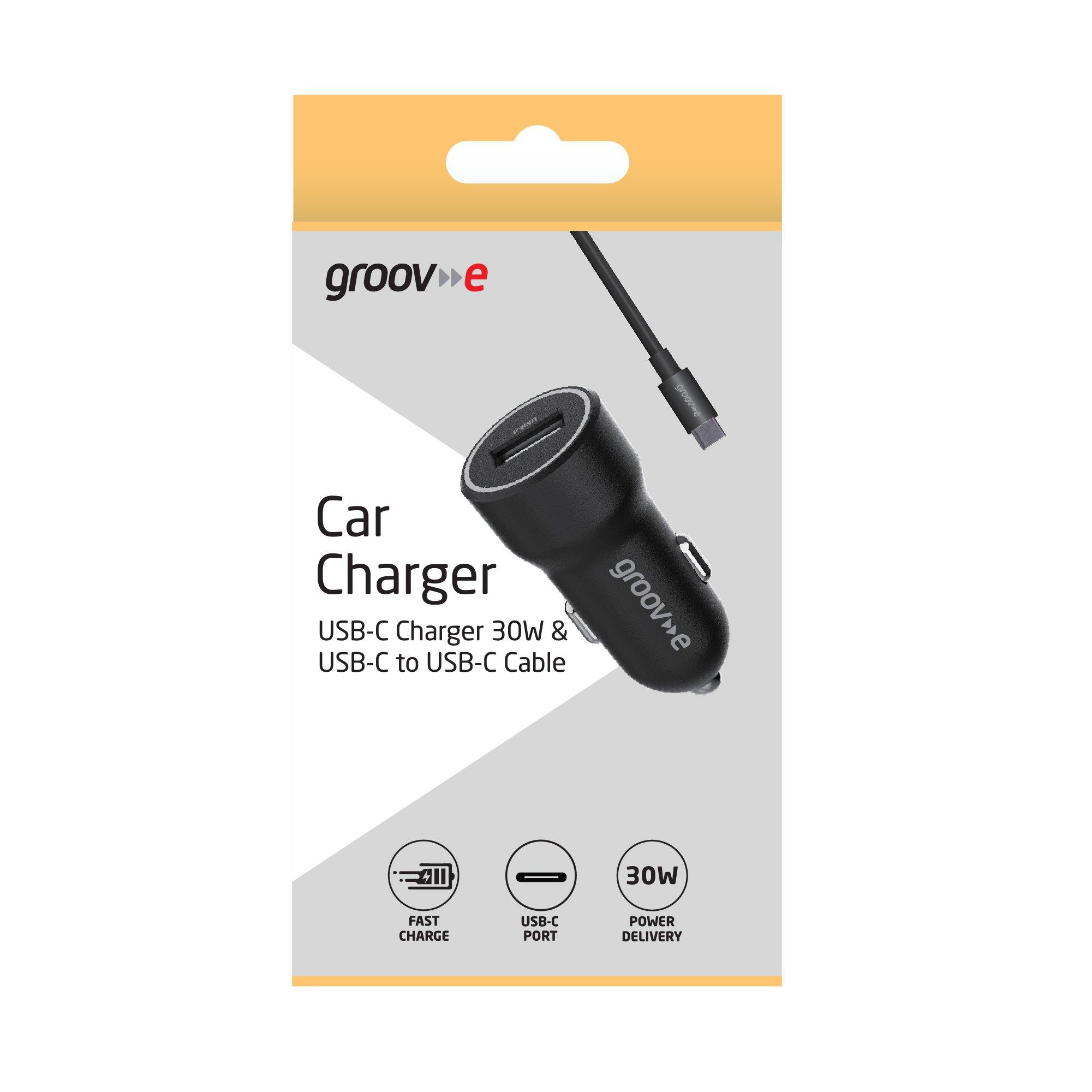 Black - Groov-e - USB-C Car Charger 30W with USB-C Cable 1M - Black - 2