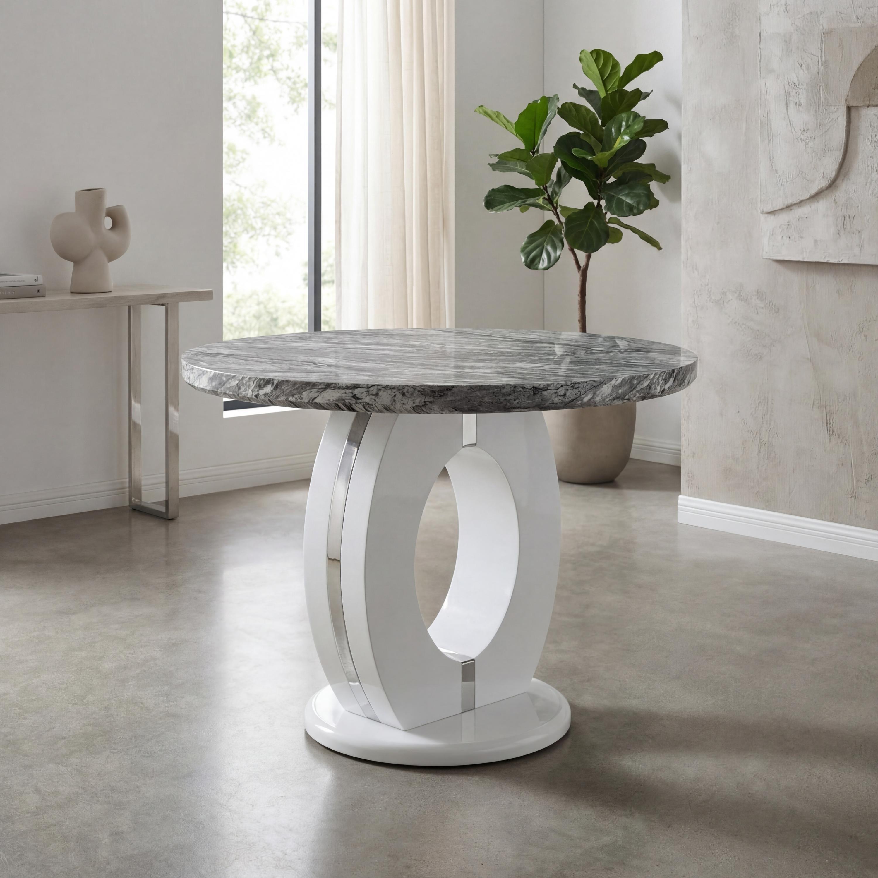 Grey/White - Shankar - Neptune Round Marble Effect Dining Table - 1
