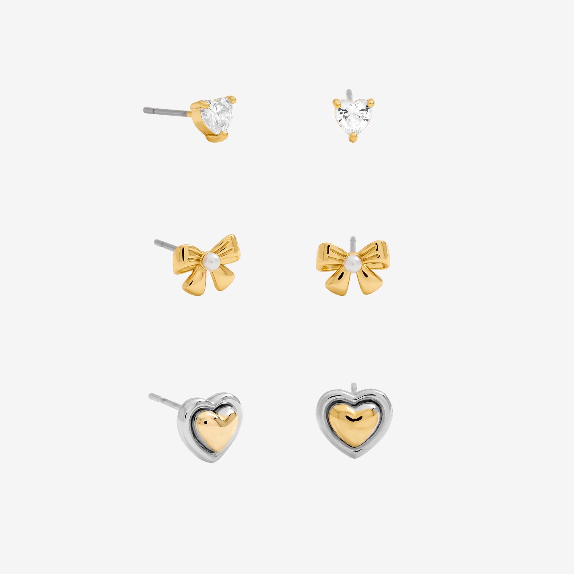 Gold - Inicio - Gold Heart Bow Earrings - Pack of 3 - Gift Pouch
