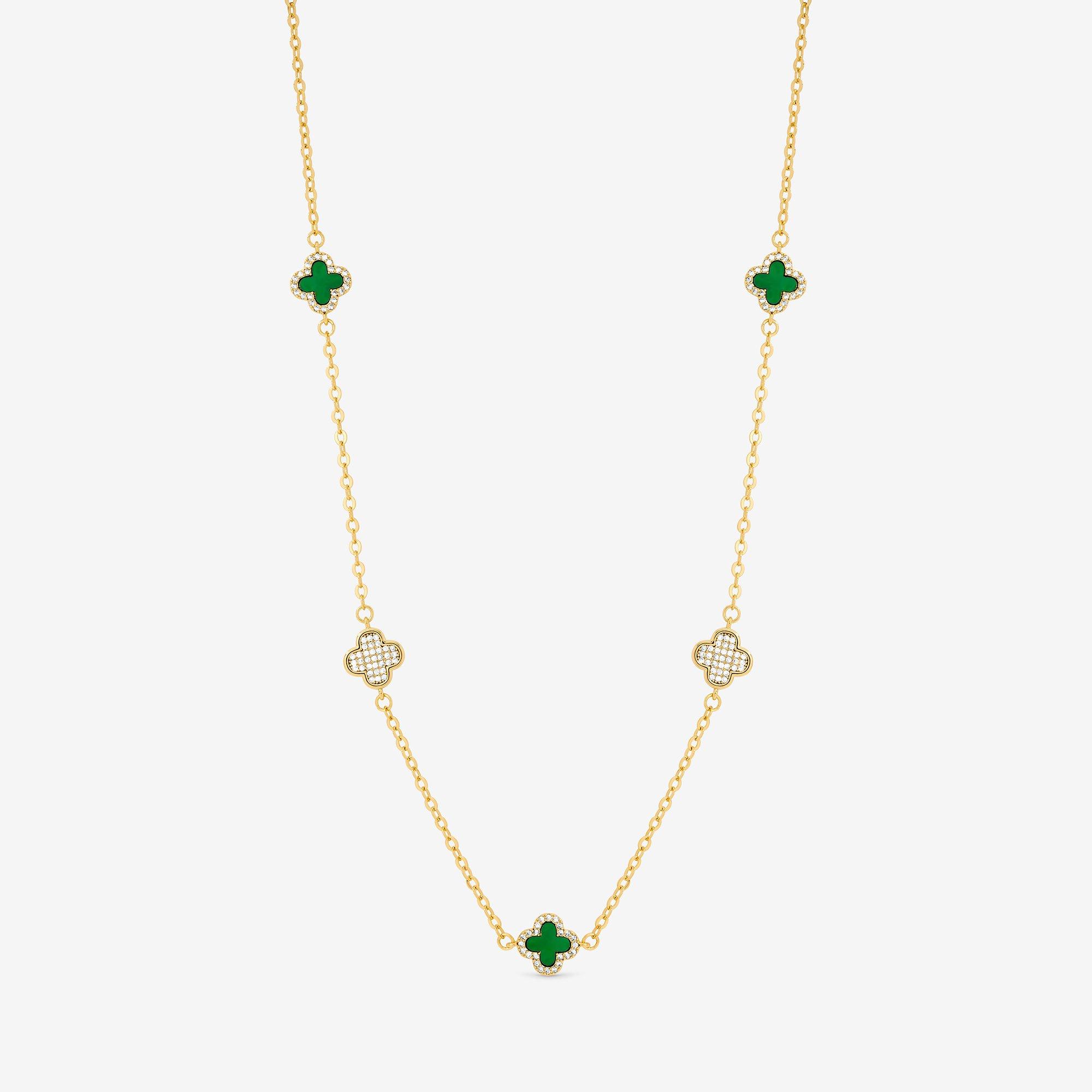 Gold - Jon Richard - Gold Plated Pave and Malachite Clover Necklace - 1