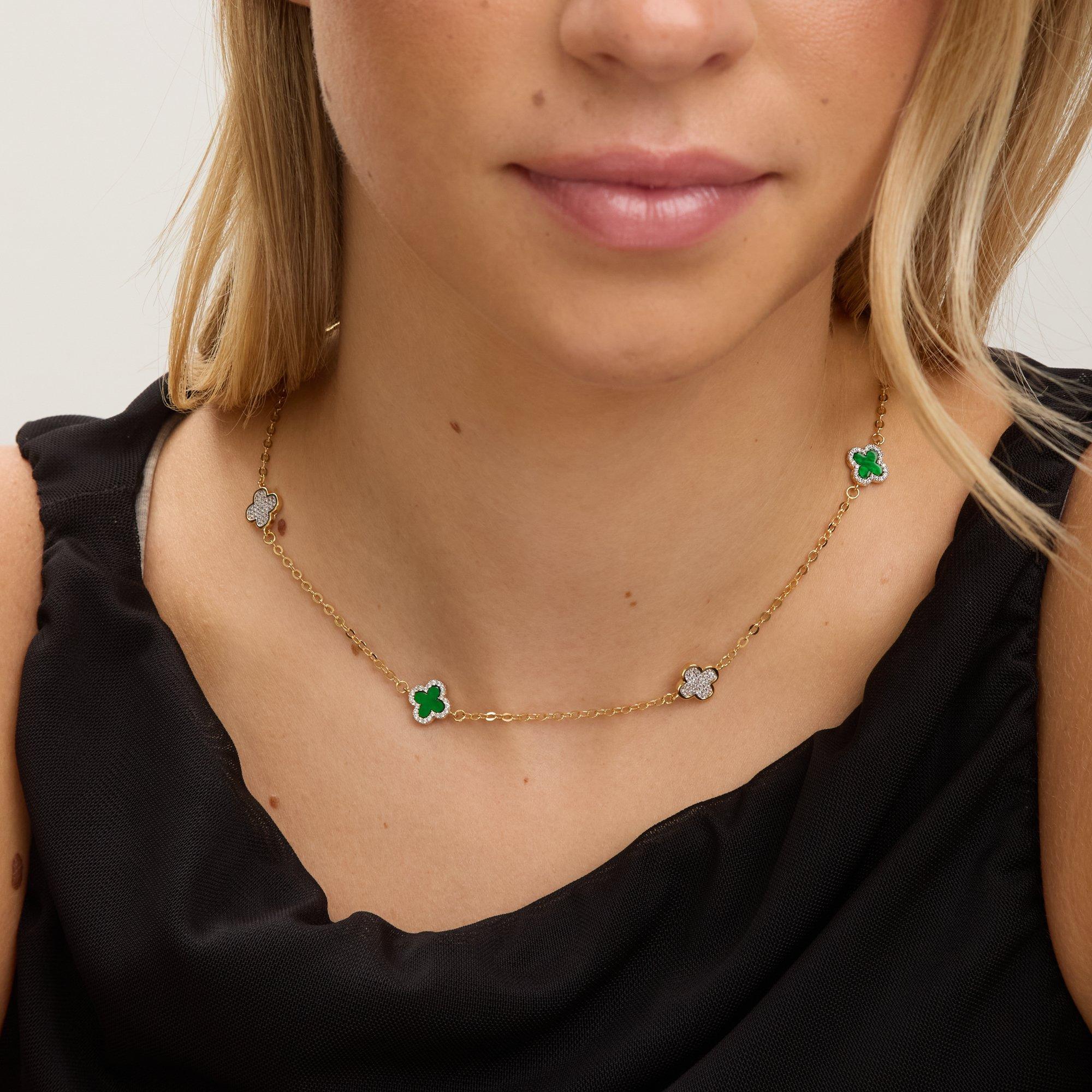 Gold - Jon Richard - Gold Plated Pave and Malachite Clover Necklace - 2